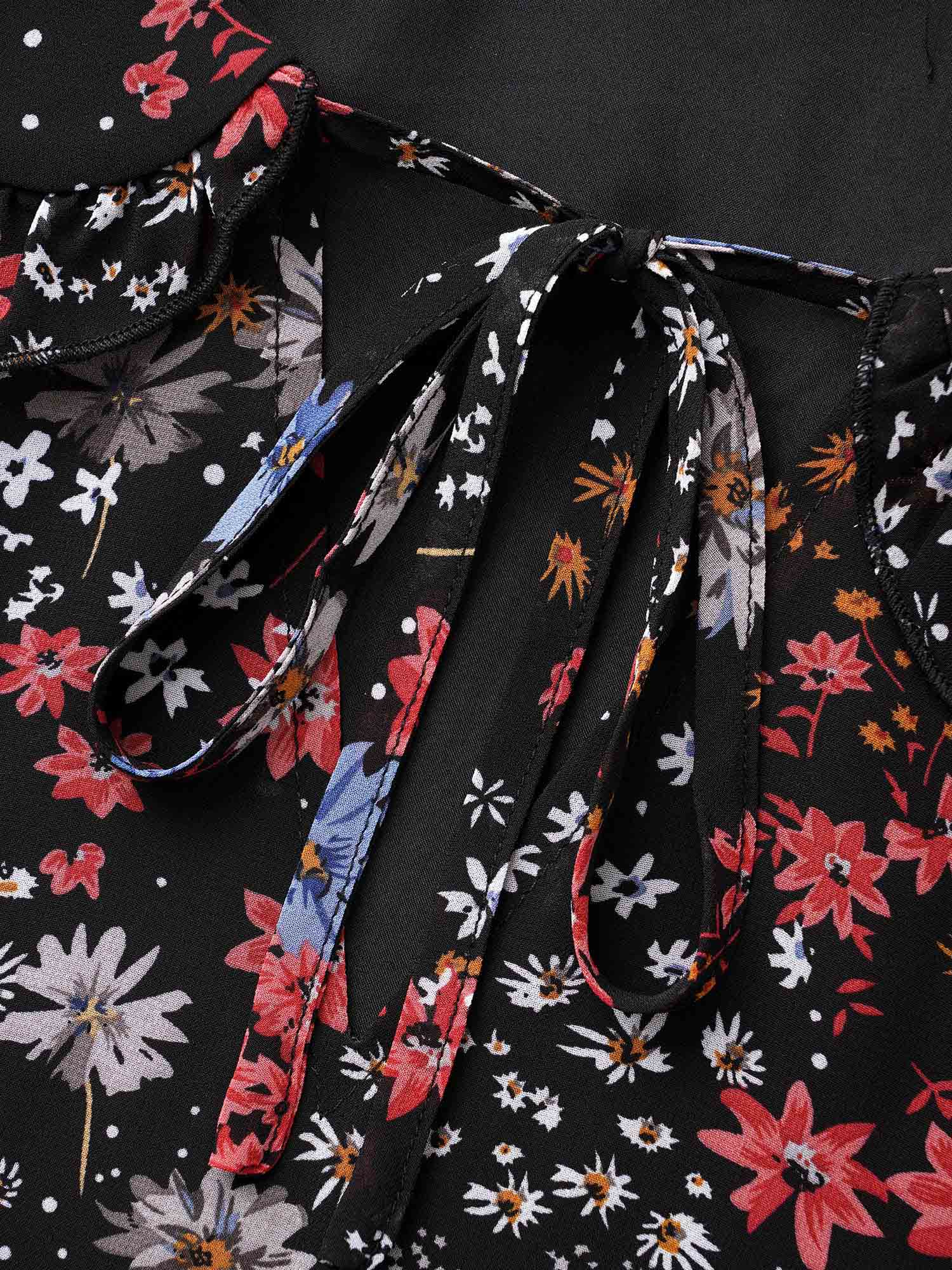 Plus Size Black Chiffon Floral Tie Knot Ruffle Trim Blouse Women Elegant Long Sleeve V-neck Everyday Blouses BloomChic 28/5X 
