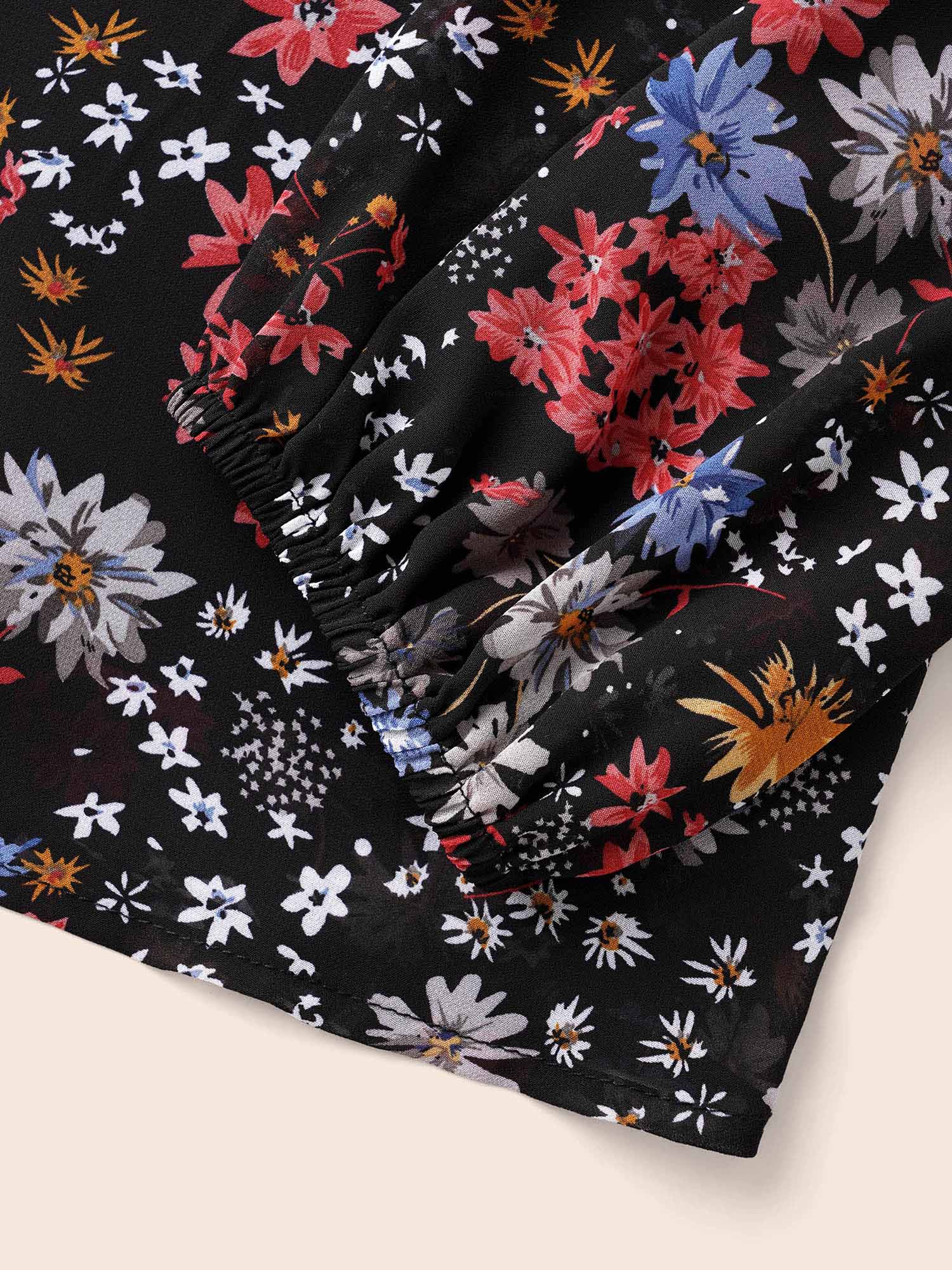 Plus Size Black Chiffon Floral Tie Knot Ruffle Trim Blouse Women Elegant Long Sleeve V-neck Everyday Blouses BloomChic 28/5X 