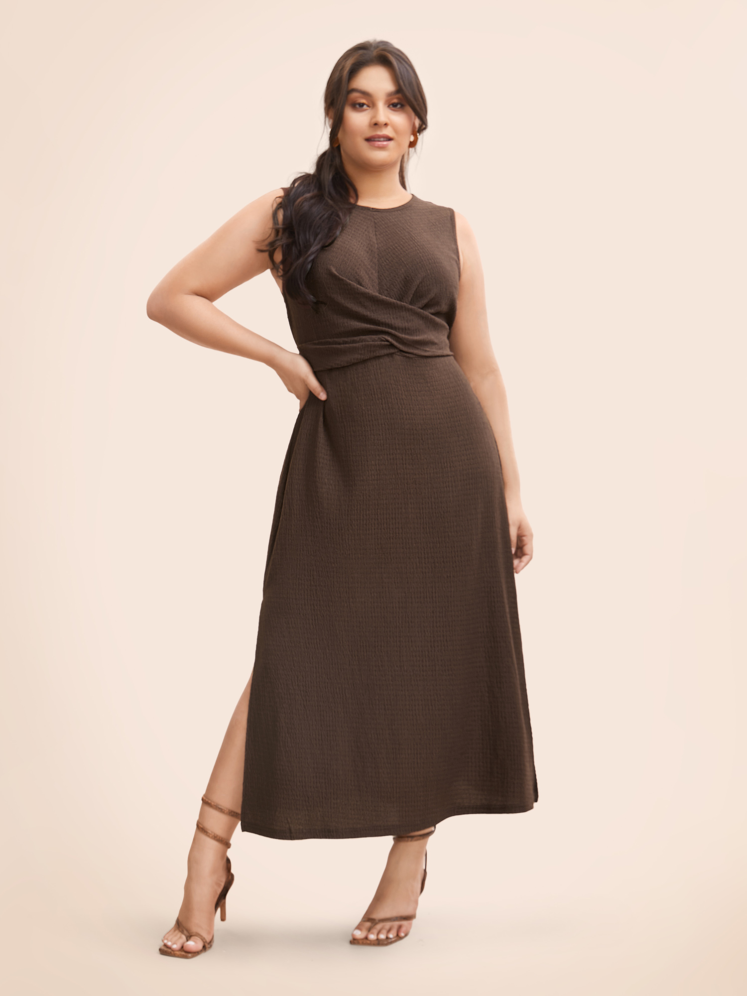 

Plus Size Twist Front Split Hem Sleeveless Dress DarkBrown Women Casual Twist Round Neck Sleeveless Curvy BloomChic