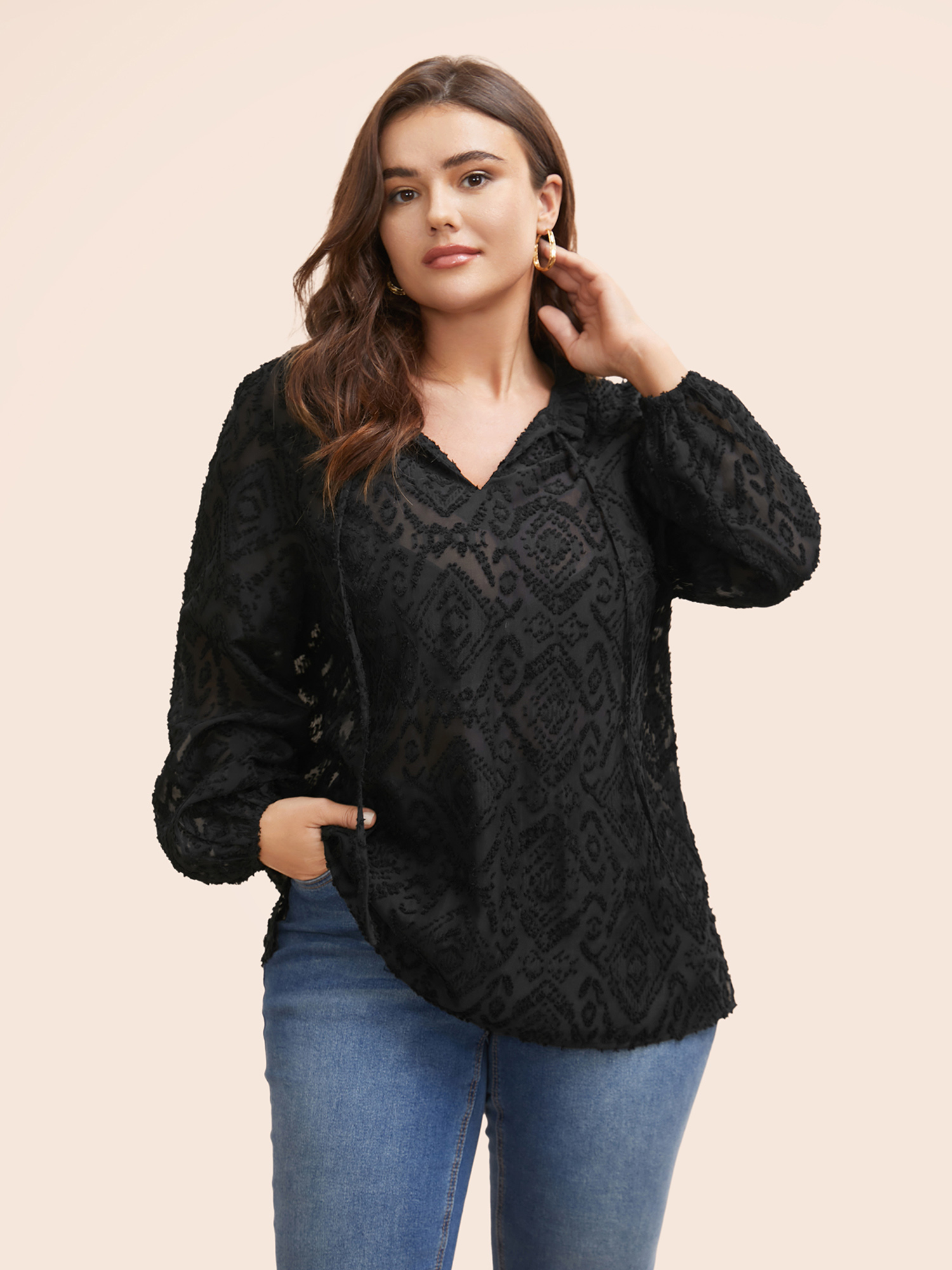 

Plus Size Black Solid Texture Tie Knot Ruffles Blouse Women Elegant Long Sleeve V-neck Everyday Blouses BloomChic