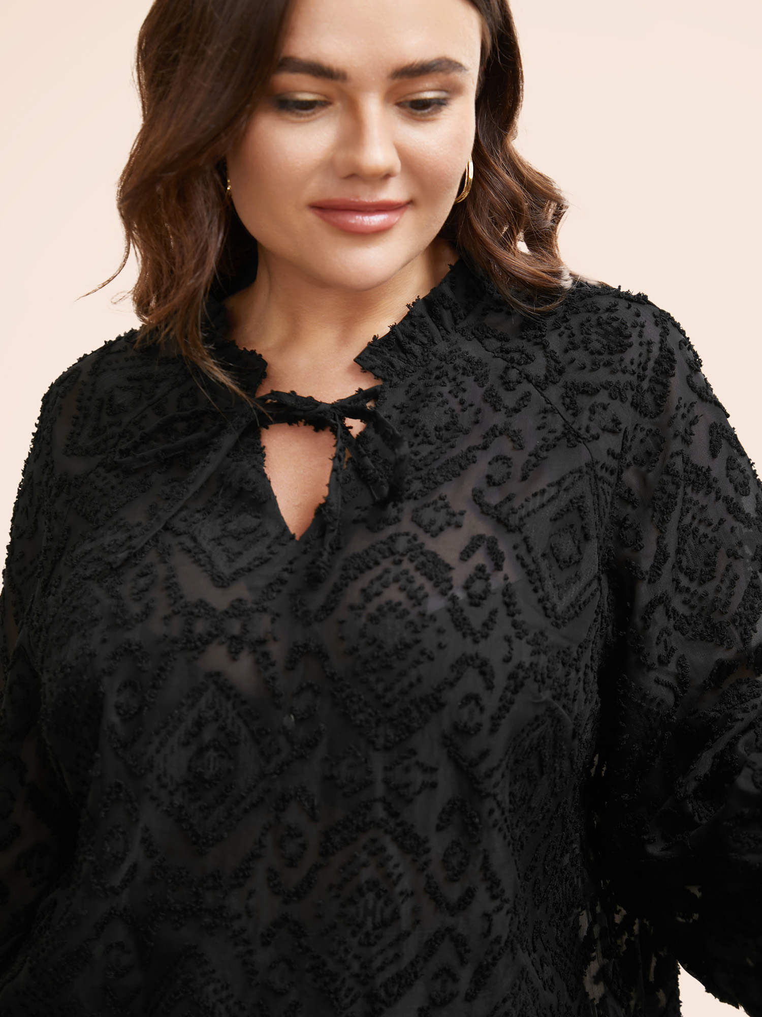 

Plus Size Black Solid Texture Tie Knot Ruffles Blouse Women Elegant Long Sleeve V-neck Everyday Blouses BloomChic