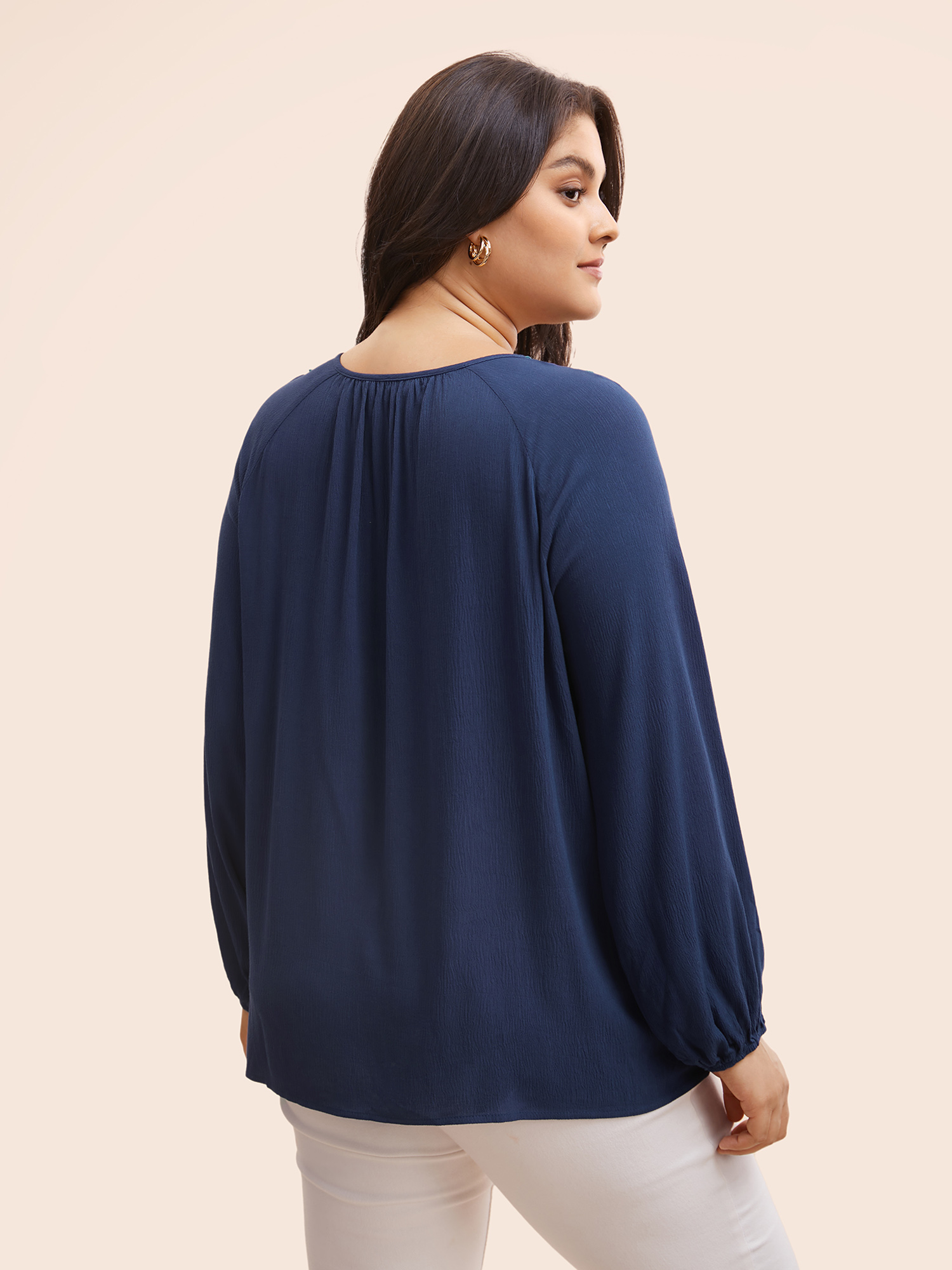 

Plus Size Indigo Texture Woven Ribbon Gathered Blouse Women Elegant Long Sleeve Round Neck Everyday Blouses BloomChic