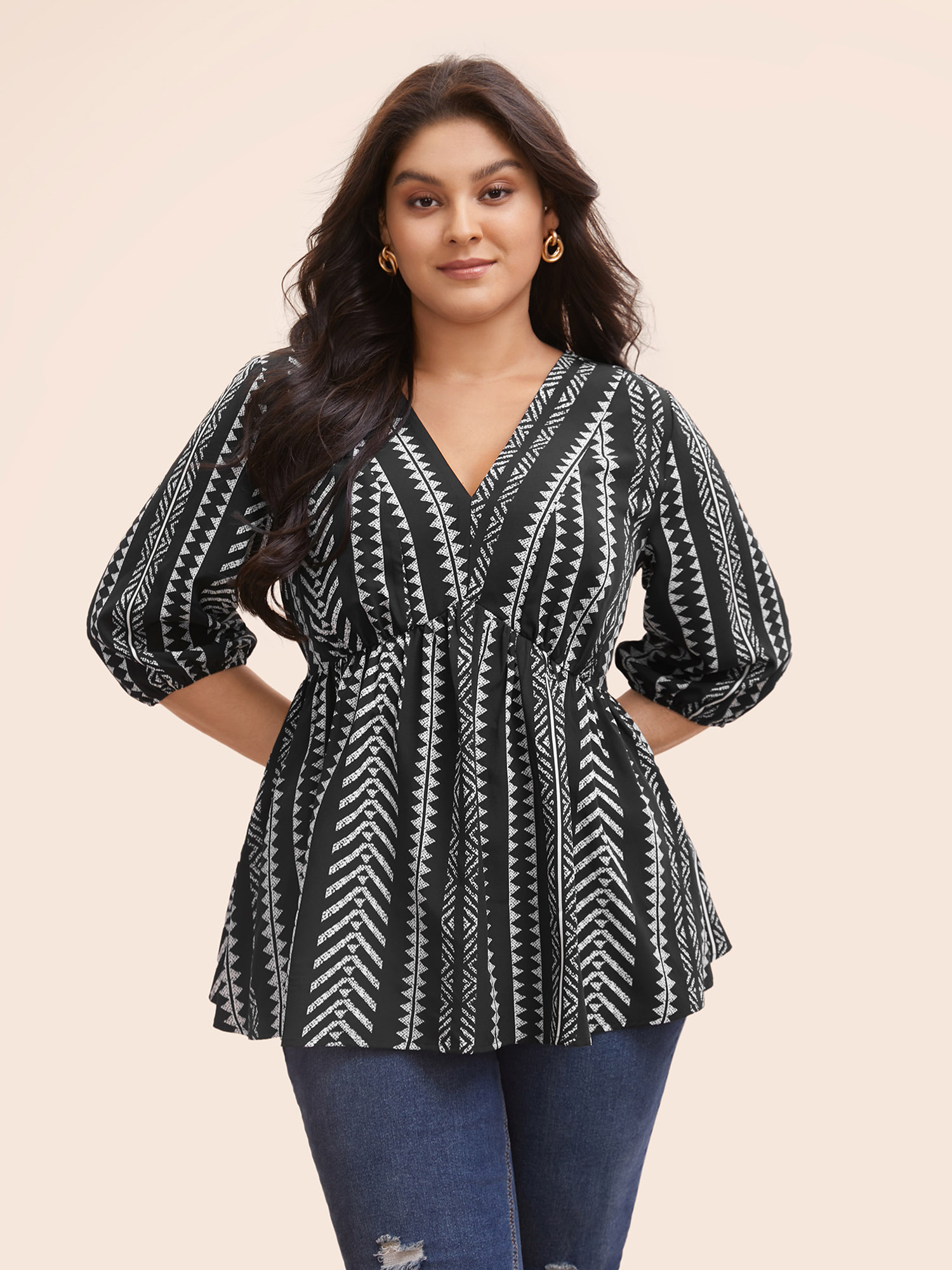 

Plus Size Black Bandana Geometric Lantern Sleeve Gathered Blouse Women Resort Elbow-length sleeve V-neck Vacation Blouses BloomChic