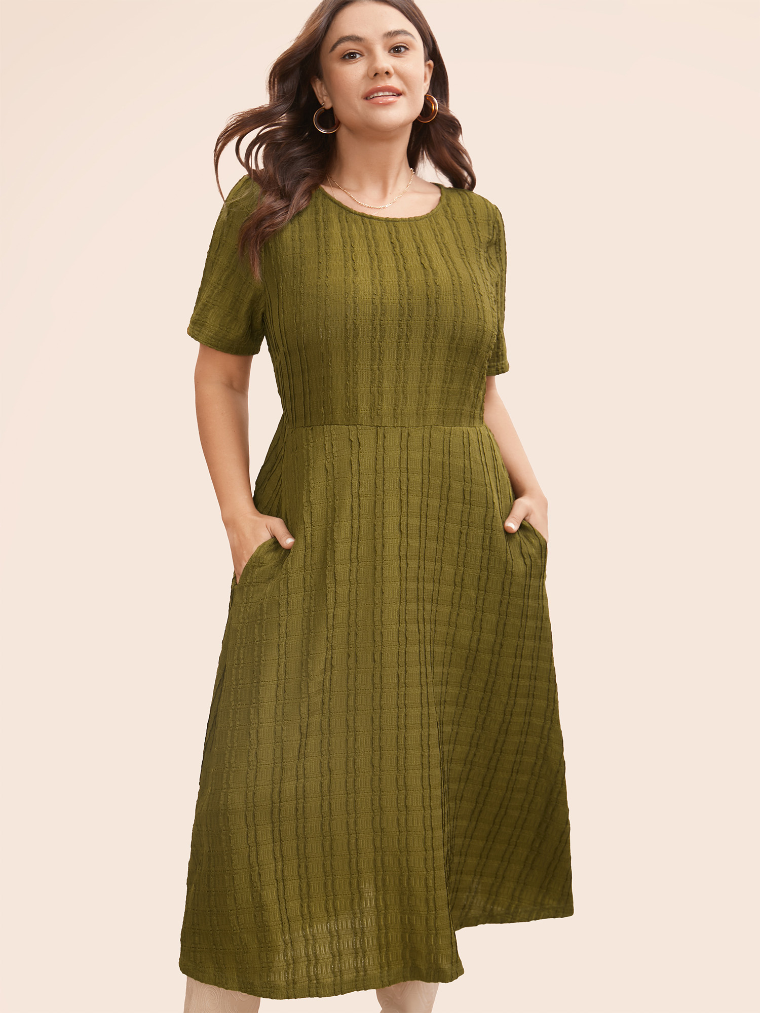 

Plus Size Solid Textured Crew Neck Midi Dress DarkGreen Women Elegant Tucked seam Round Neck Short sleeve Curvy BloomChic