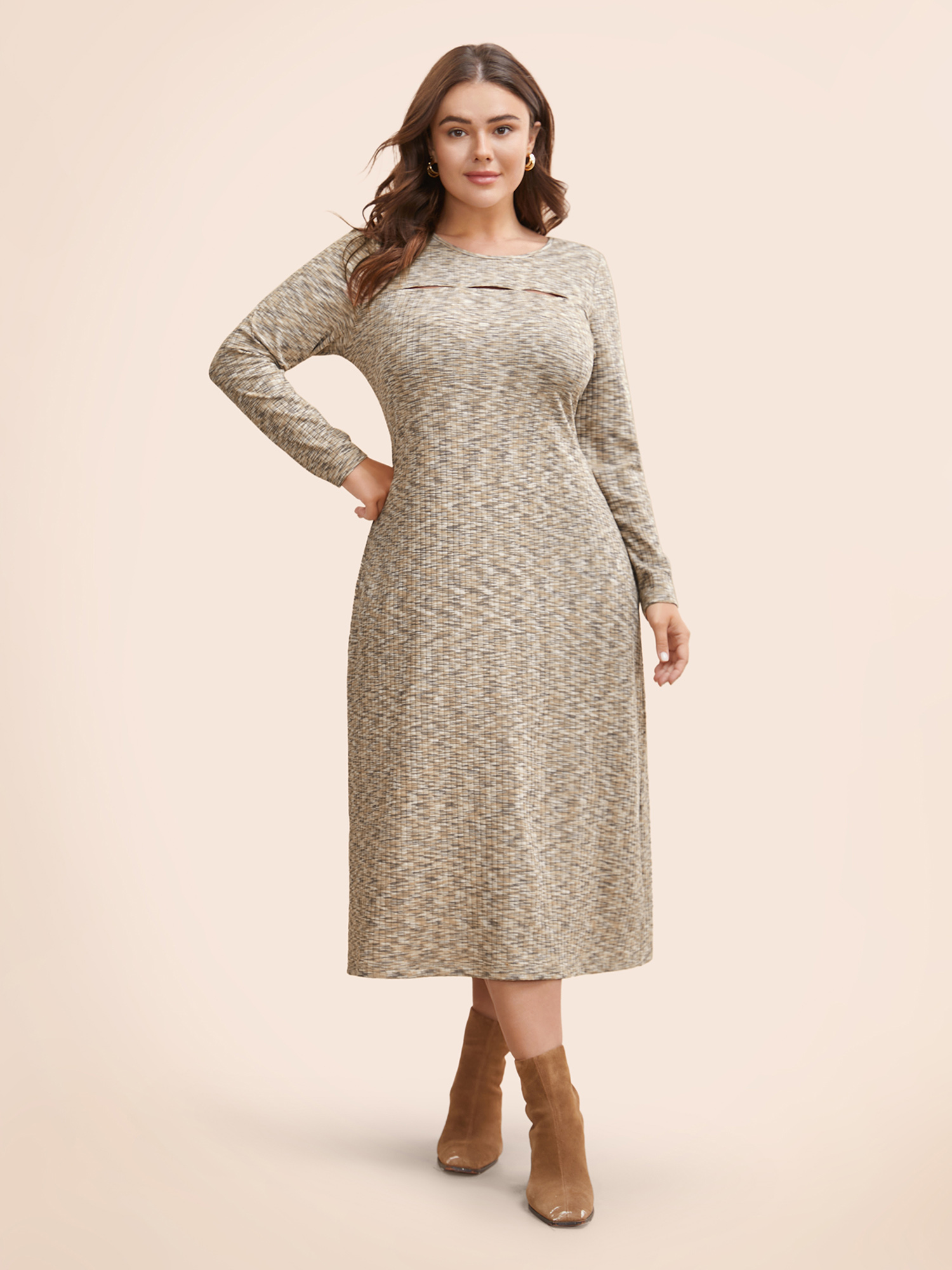 

Plus Size Heather Pit Strip Cut Out Dress LightBrown Women Elegant Distressed Round Neck Extra Long Sleeve Curvy BloomChic