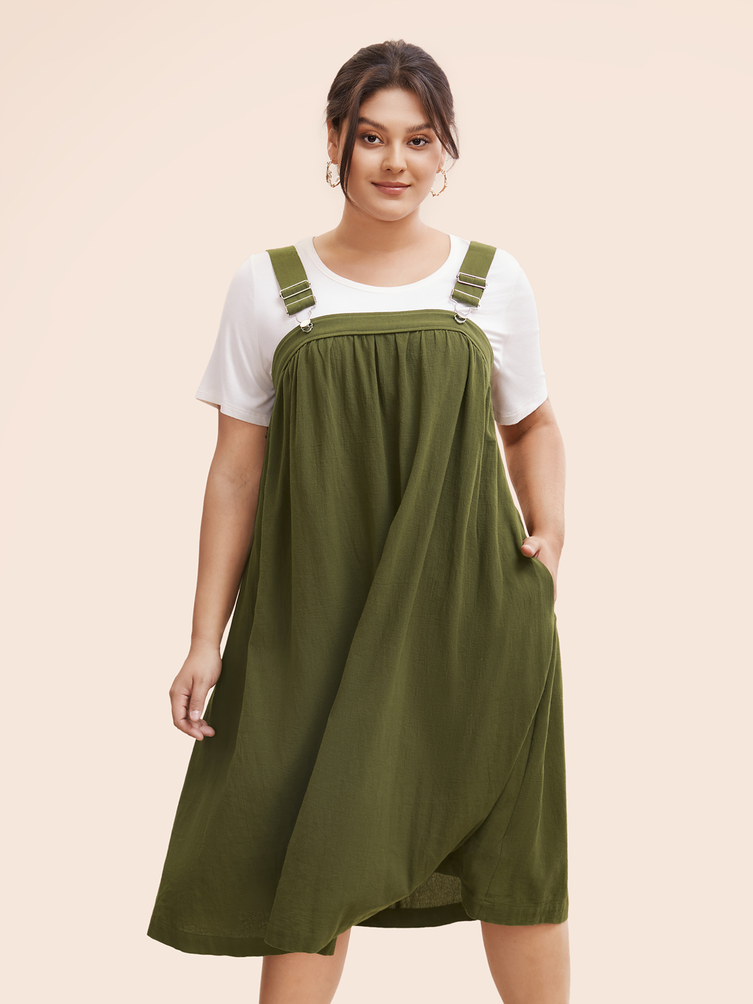 

Plus Size Solid Adjustable Straps Overall Dress ArmyGreen Women Elegant Gathered Non Sleeveless Curvy BloomChic