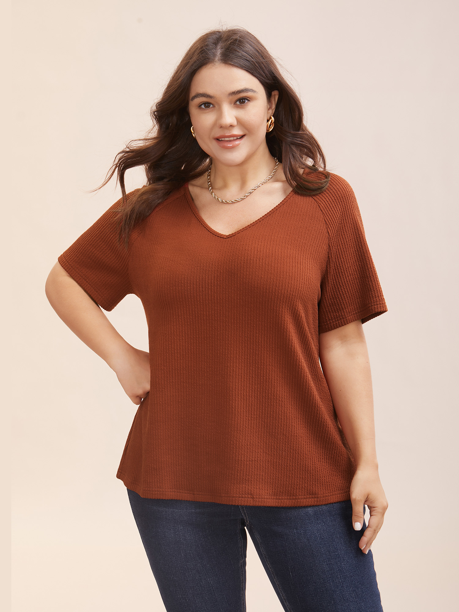 

Plus Size V Neck Plain Textured Raglan Sleeve T-shirt Maroon Women Casual Texture V-neck Everyday T-shirts BloomChic