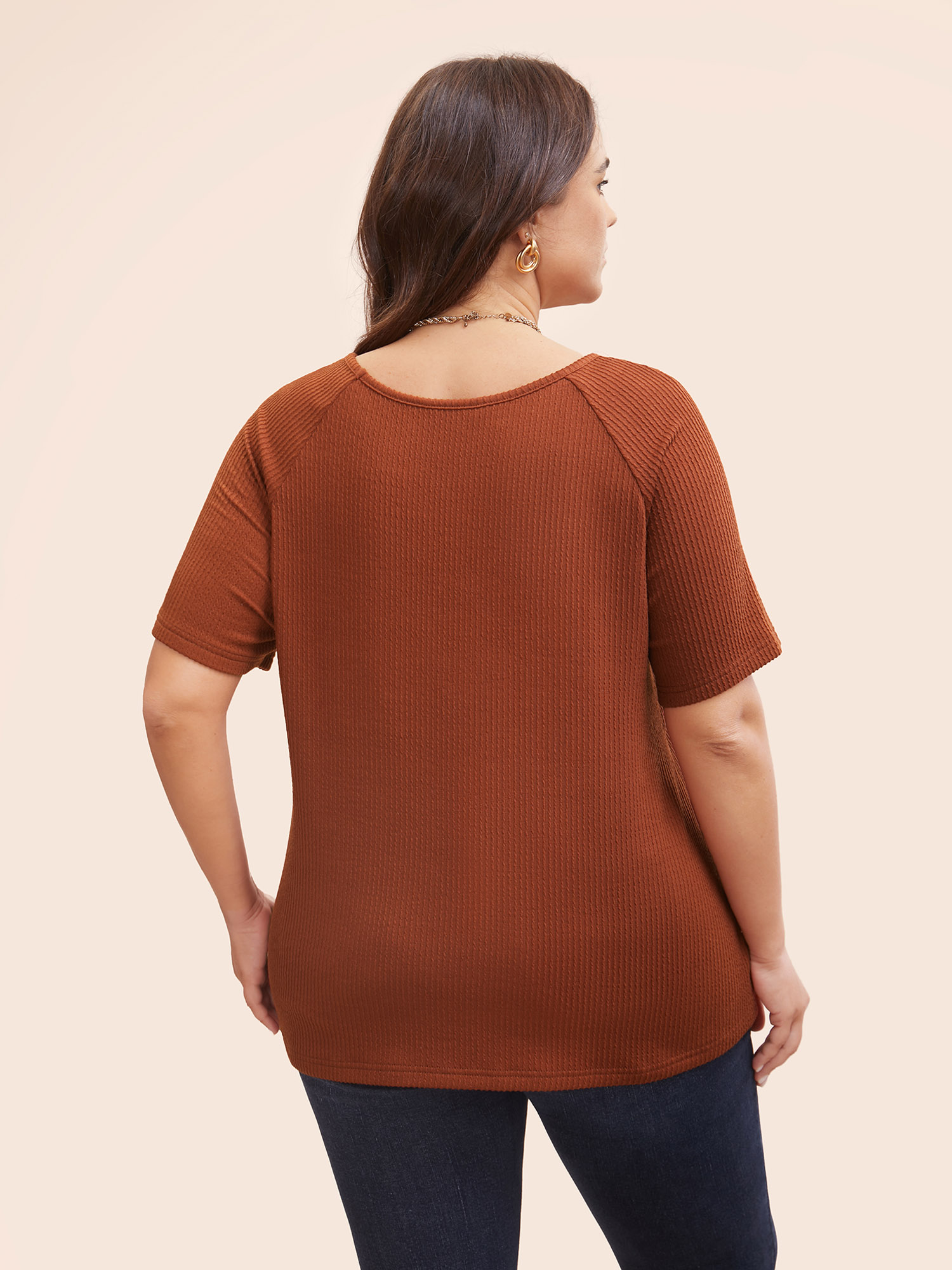 

Plus Size V Neck Plain Textured Raglan Sleeve T-shirt Maroon Women Casual Texture V-neck Everyday T-shirts BloomChic