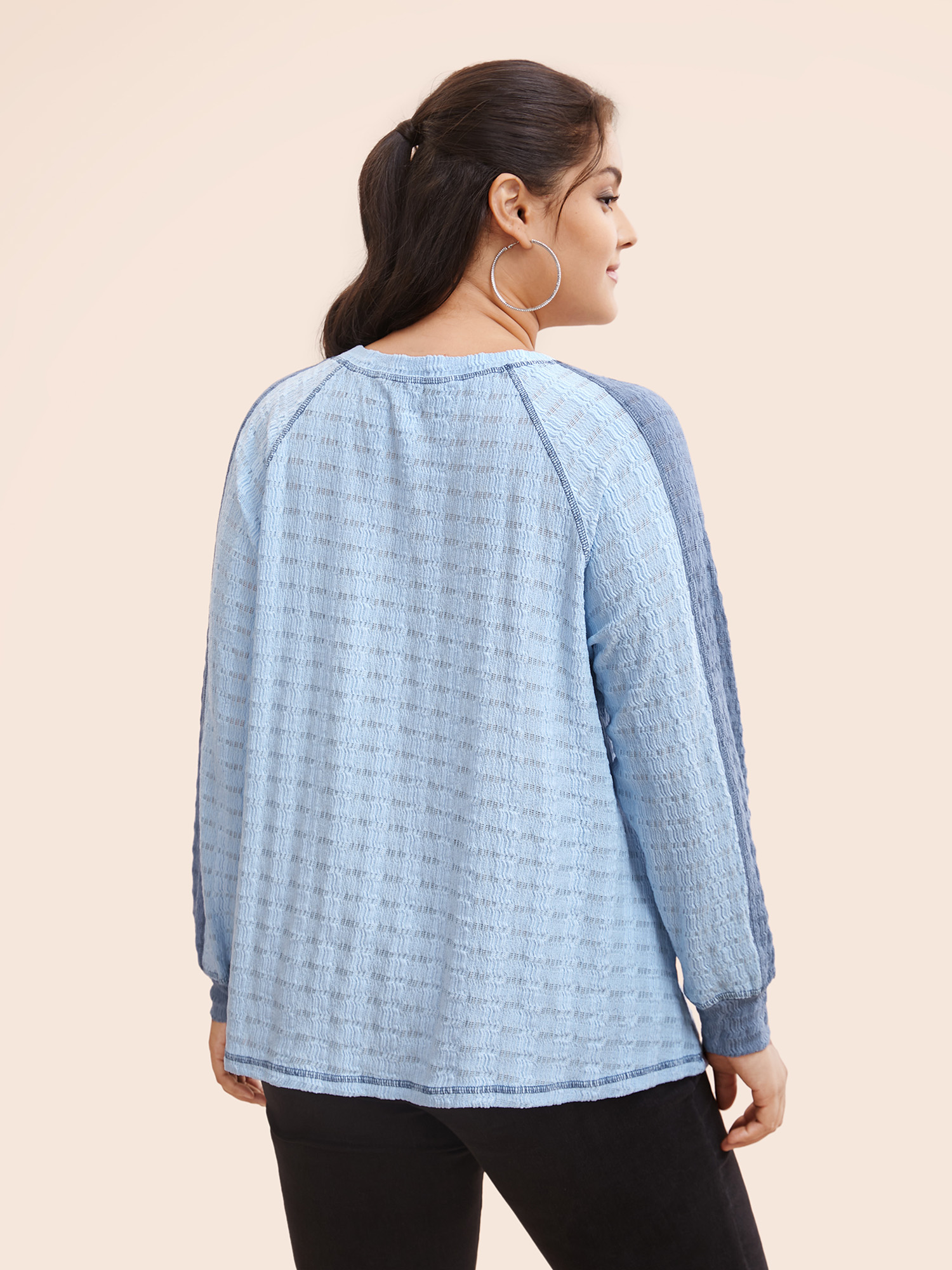 Plus Size Contrast Patchwork Texture Raglan Sleeve T-shirt LightBlue Women Casual Texture Round Neck Everyday T-shirts BloomChic 12/L 