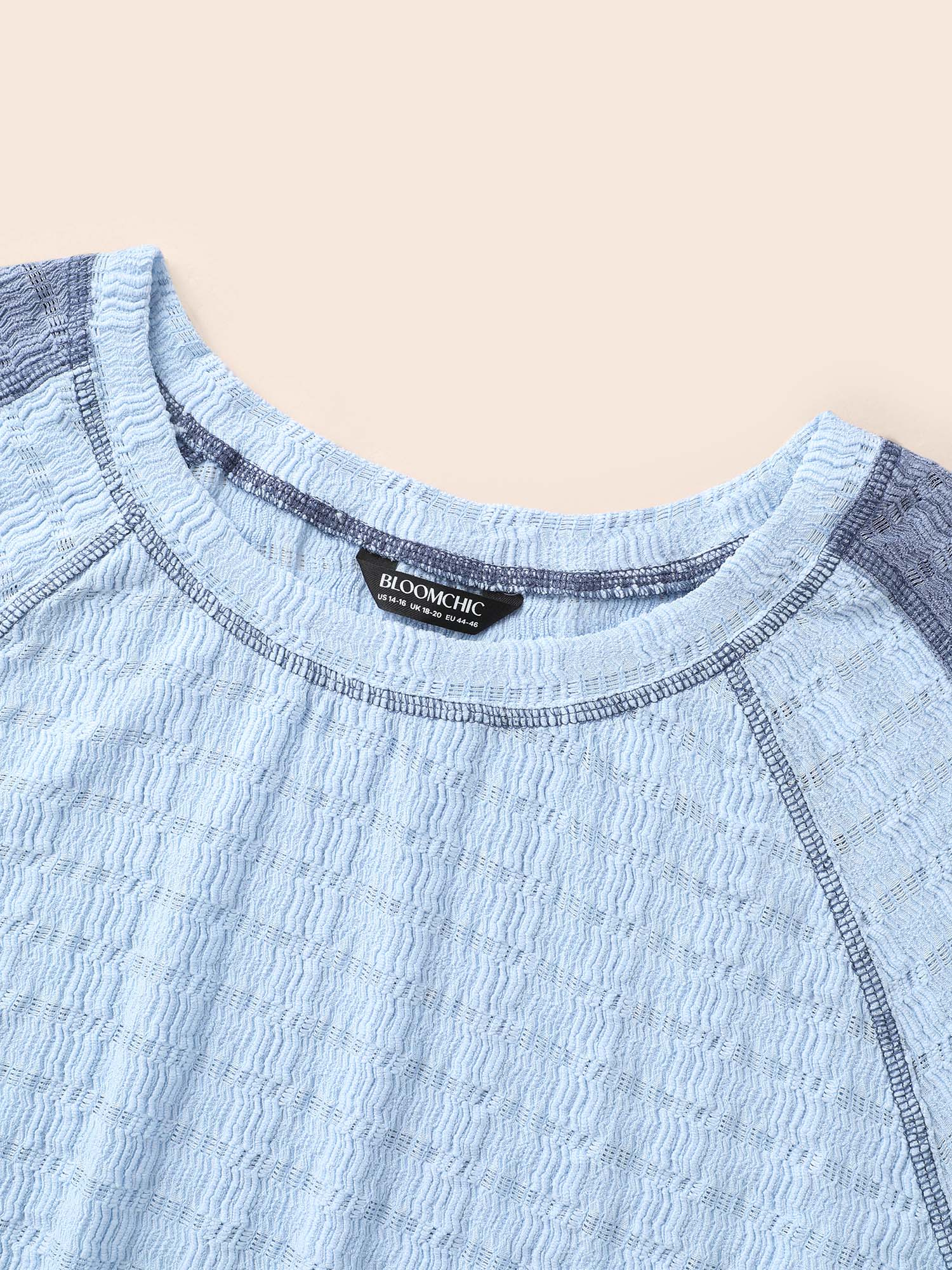 Plus Size Contrast Patchwork Texture Raglan Sleeve T-shirt LightBlue Women Casual Texture Round Neck Everyday T-shirts BloomChic 12/L 