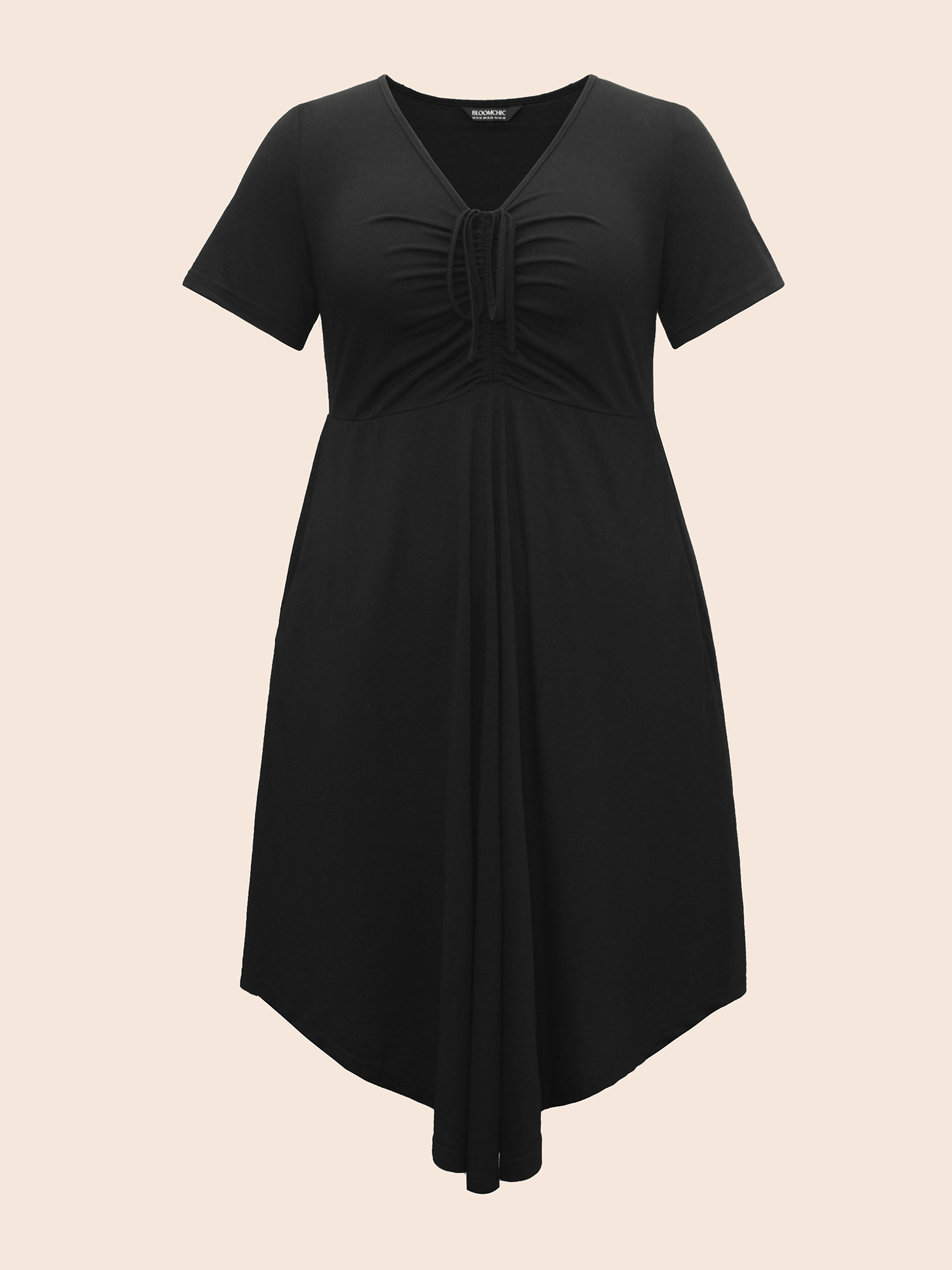 

Plus Size Solid Drawstring Ruched Curved Hem Dress Black Women Elegant Gathered V-neck Short sleeve Curvy BloomChic