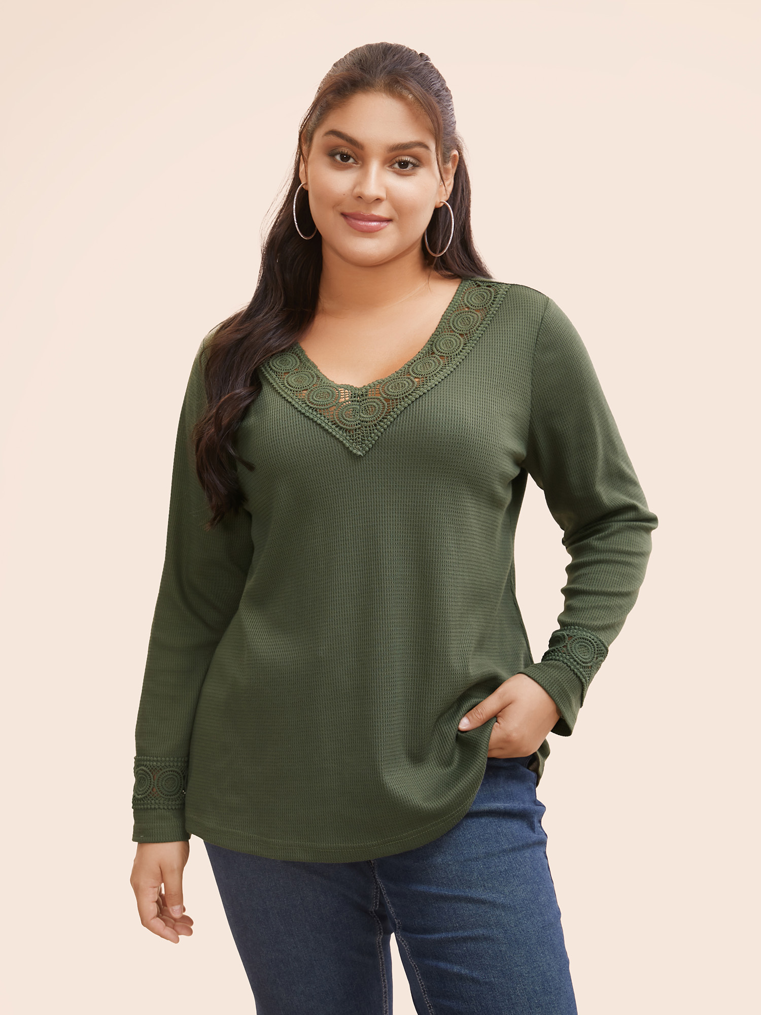 

V Neck Waffle Knit Lace Patchwork T-shirt, Armygreen