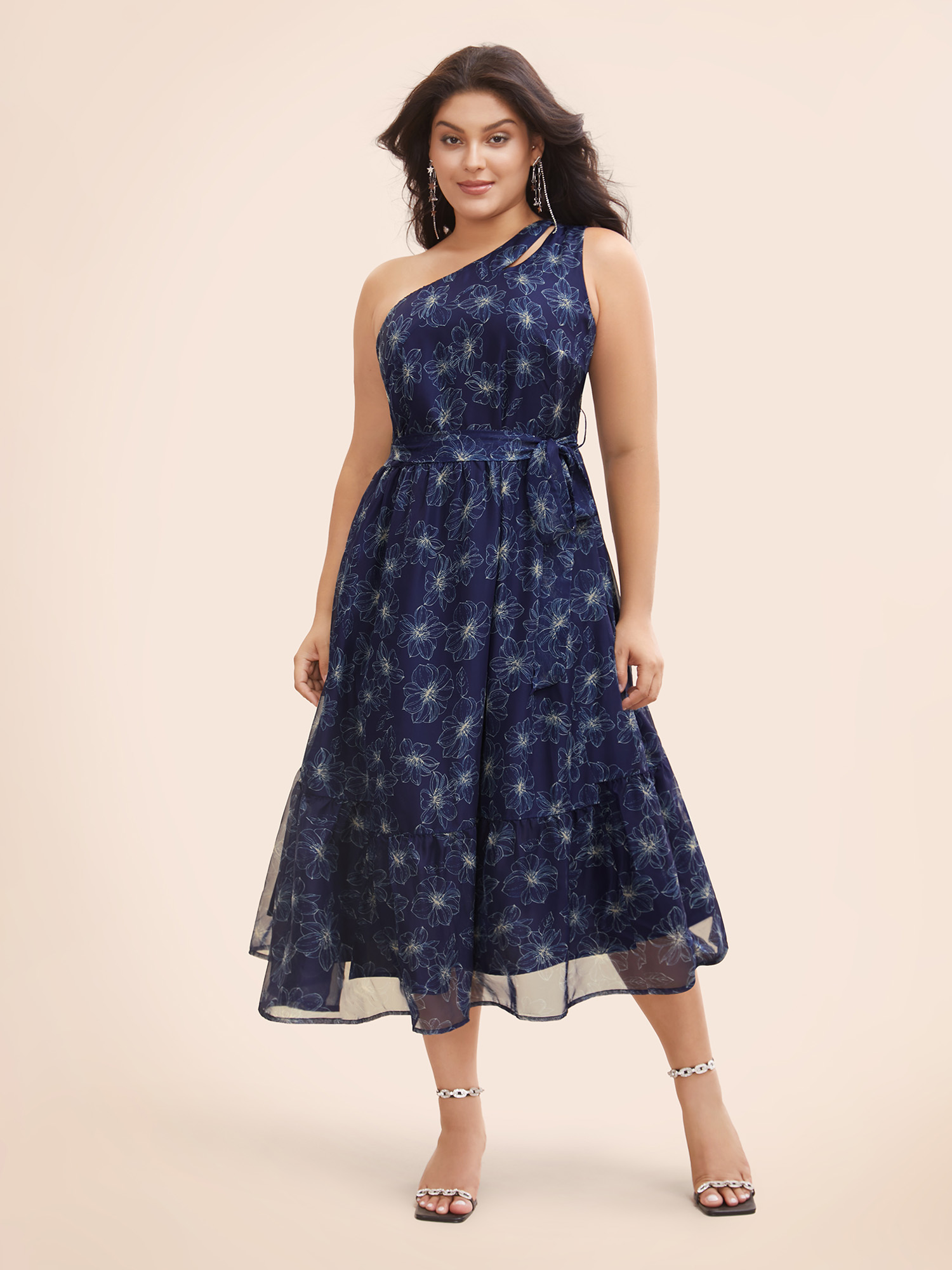 

Floral Asymmetrical Neck Mesh Belted Dress, Darkblue