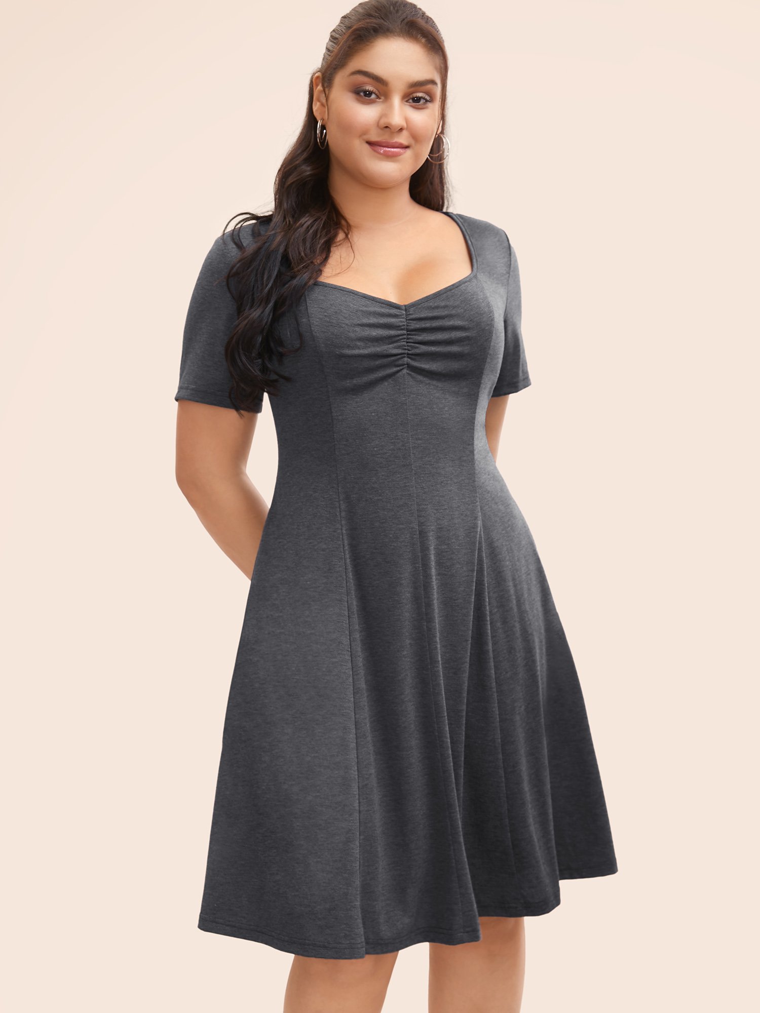 

Plus Size Solid Heart Neckline Ruched Dress DarkSlateGray Women Casual Gathered Heart neckline Short sleeve Curvy BloomChic