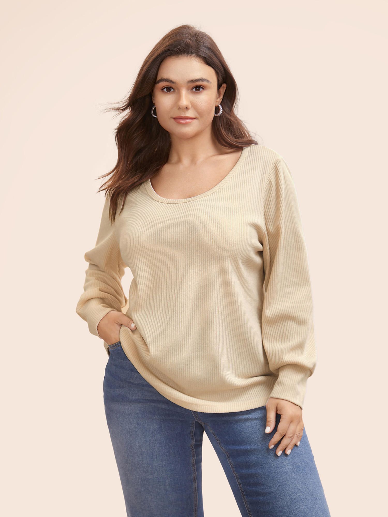 

Plus Size Solid Crew Neck Pit Strip T-shirt LightBrown Women Casual Texture Round Neck Everyday T-shirts BloomChic