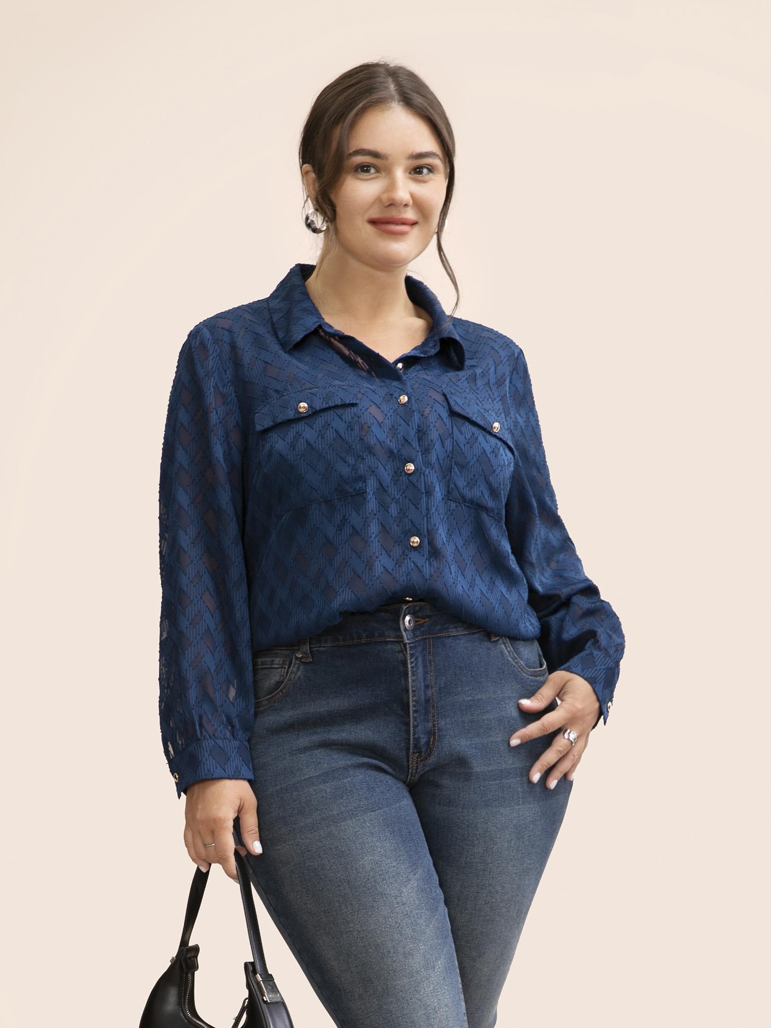 

Plus Size Shirt Collar Textured Mesh Flap Detail Blouse Indigo Long Sleeve Shirt collar Workwear Essentials Shirts