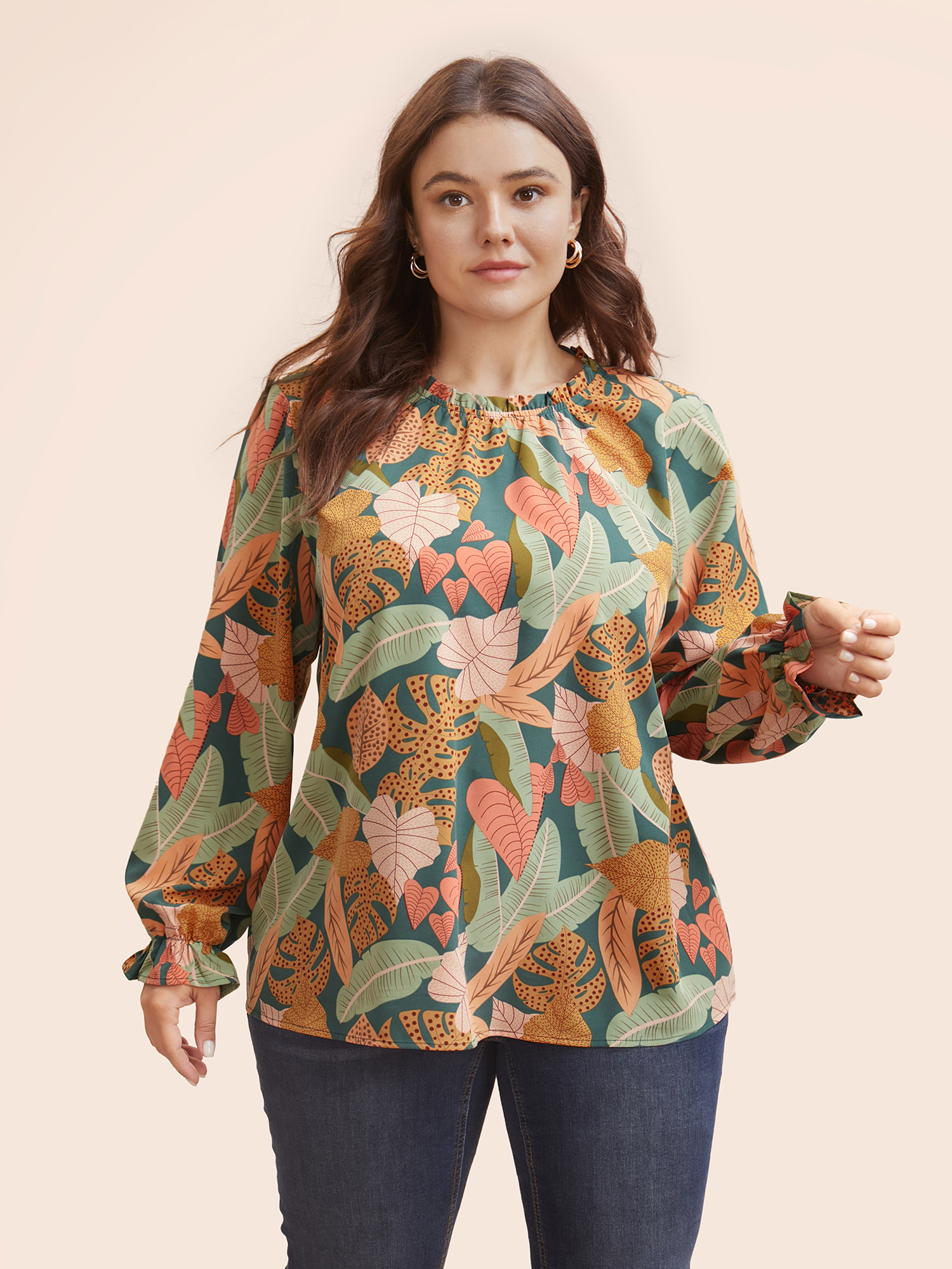 

Plus Size Teal Plant Print Frill Trim Lantern Sleeve Blouse Women Elegant Long Sleeve Stand-up collar Everyday Blouses BloomChic