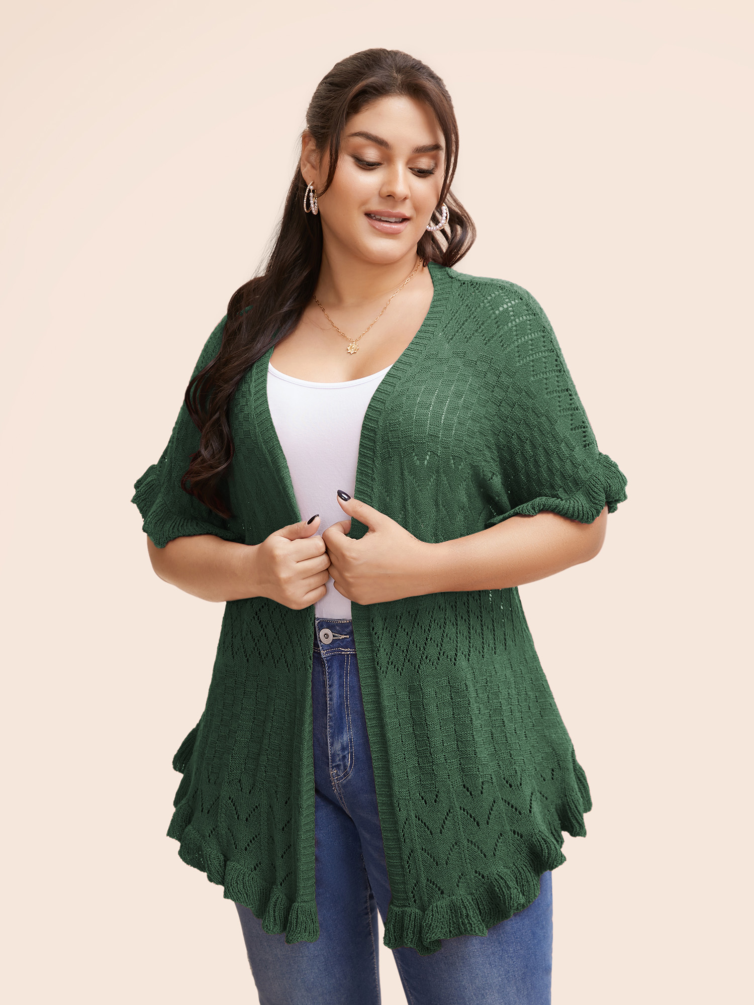 

Plus Size Plain Ruffles Pointelle Knit Cardigan DarkGreen Women Casual Loose Short sleeve Everyday Cardigans BloomChic