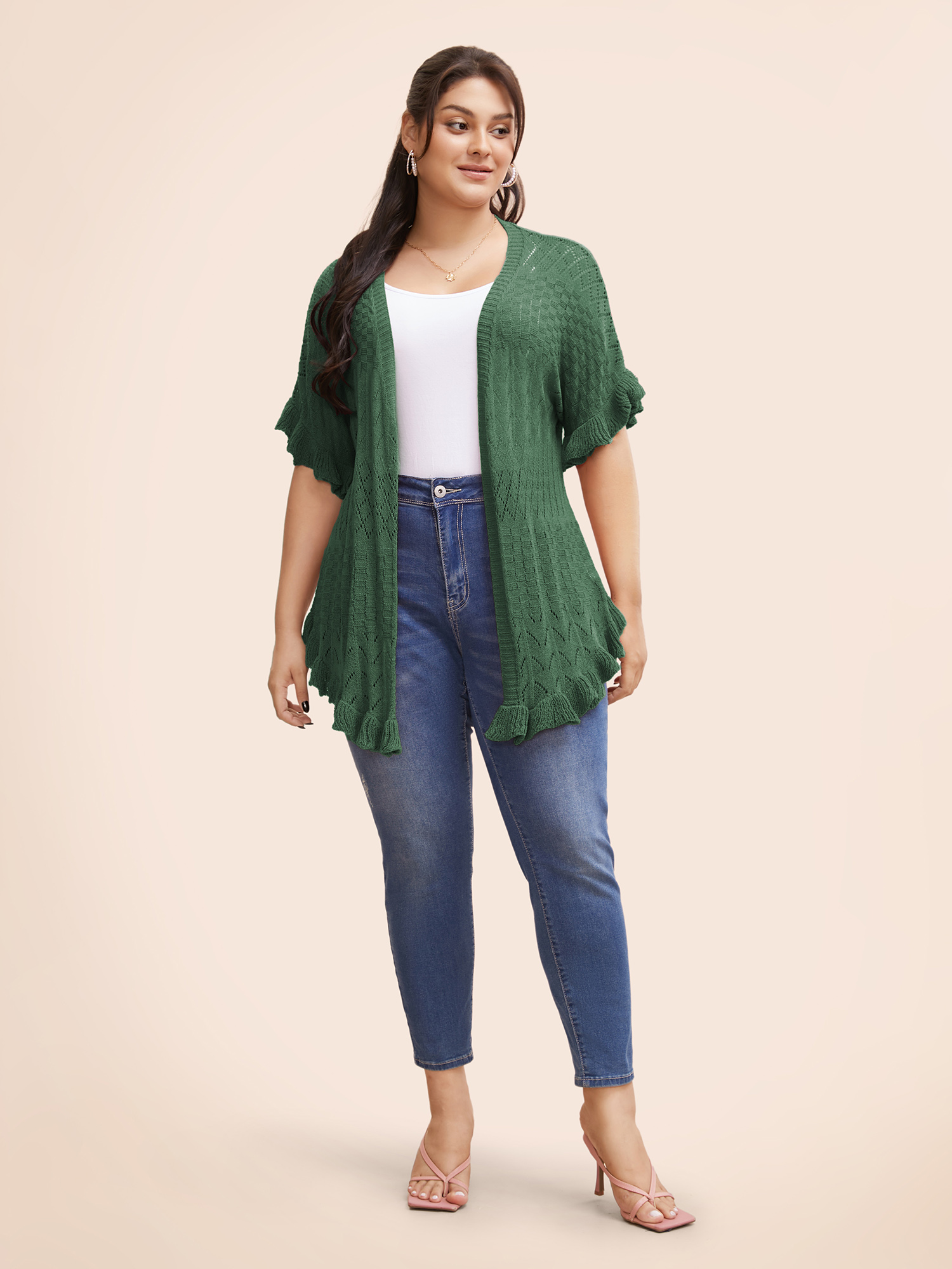 

Plus Size Plain Ruffles Pointelle Knit Cardigan DarkGreen Women Casual Loose Short sleeve Everyday Cardigans BloomChic