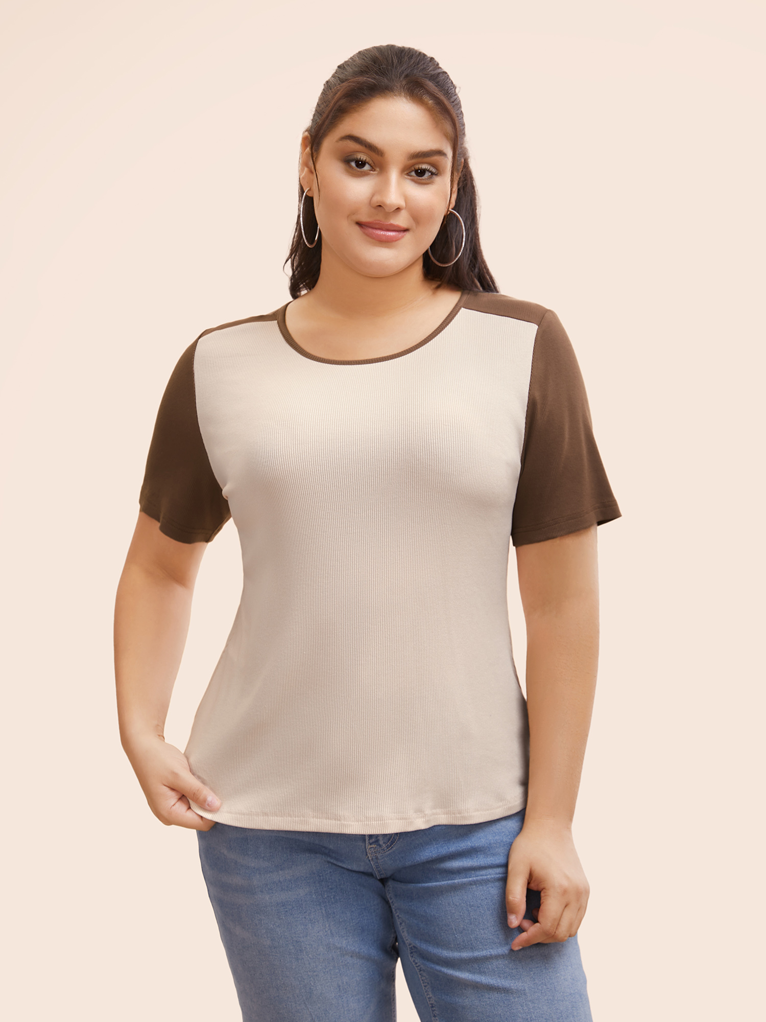 

Plus Size Crew Neck Contrast Patchwork Rib Knit T-shirt Apricot Women Casual Texture Round Neck Bodycon Everyday T-shirts BloomChic