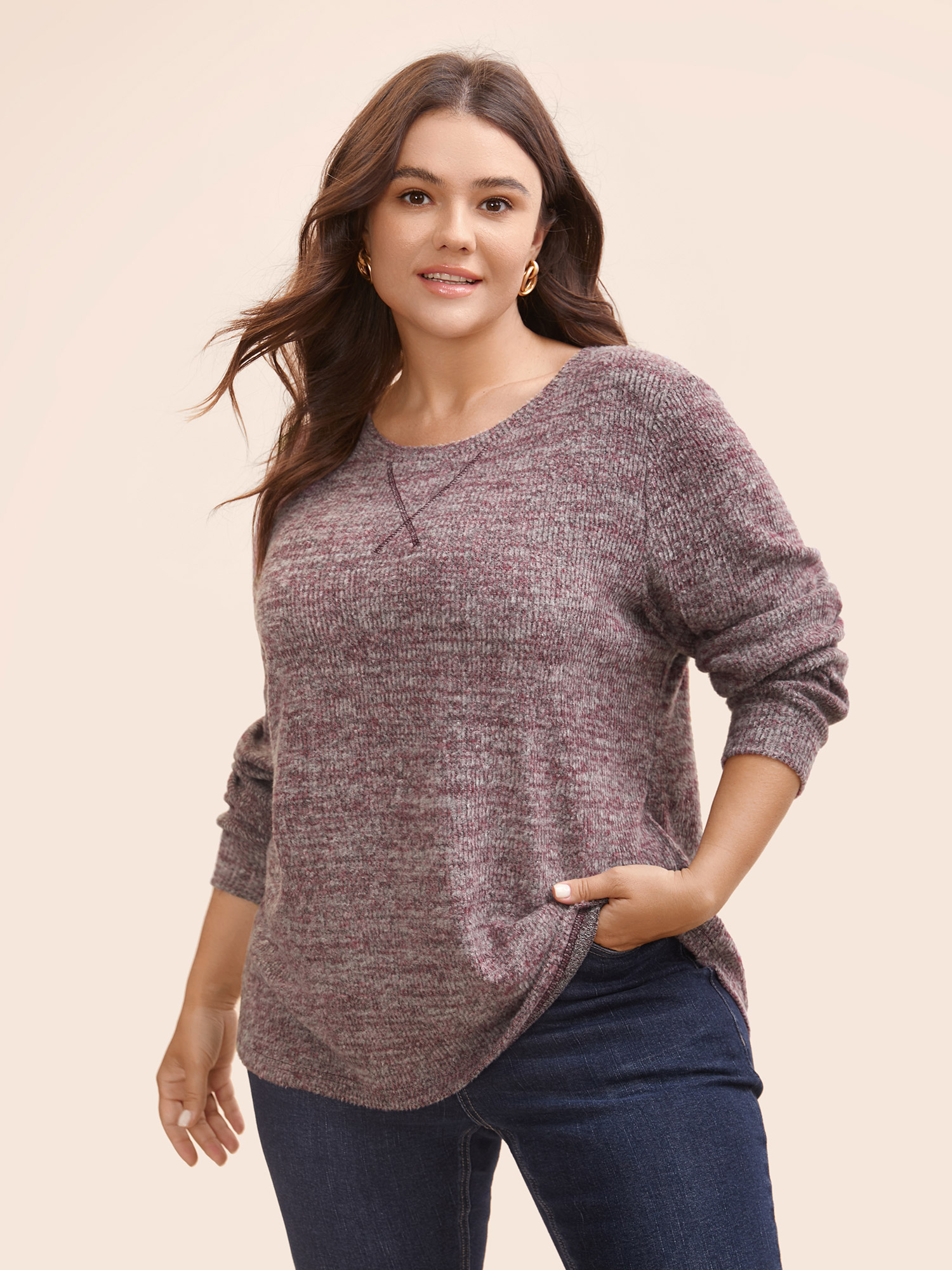 

Plus Size Solid Heather Round Neck Stitch Sweatshirt Women Deepred Casual Topstitching Round Neck Everyday Sweatshirts BloomChic