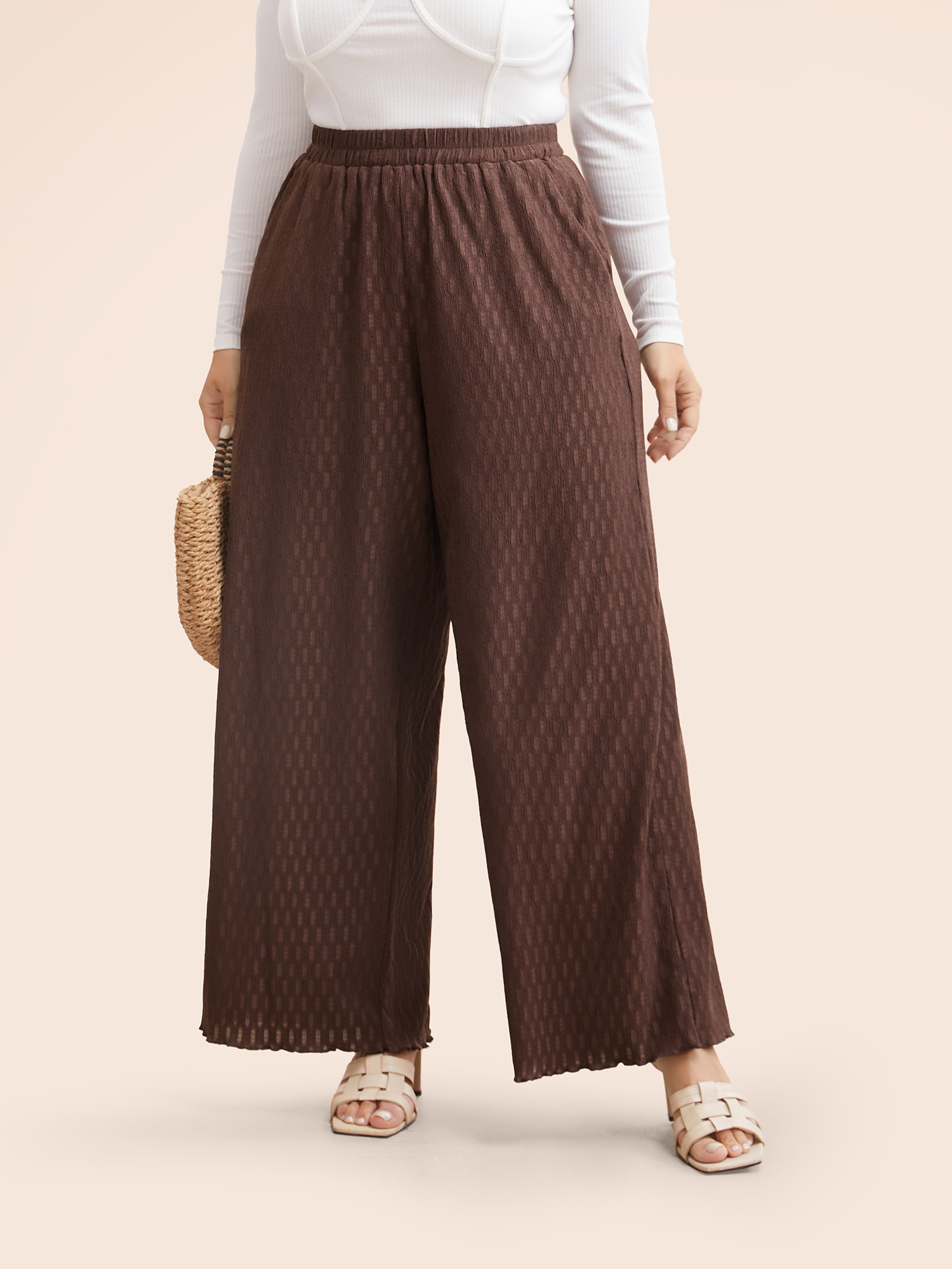 

Plus Size Plain Textured Elastic Waist Wide Leg Pants Women Browncoffeecolor Casual Wide Leg Mid Rise Everyday Pants BloomChic