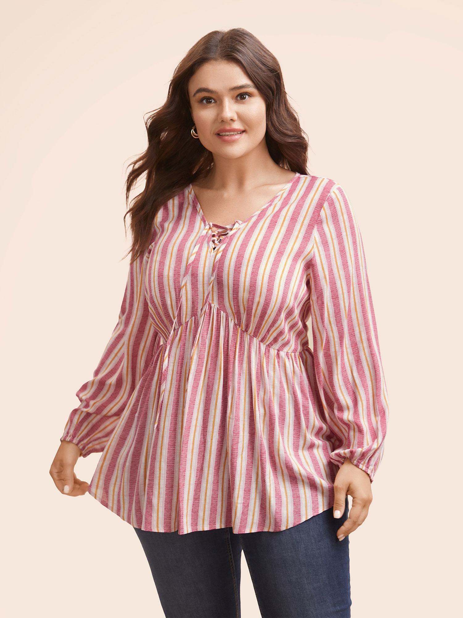 

Plus Size Blush Striped Lace Up Lantern Sleeve Blouse Women Resort Long Sleeve V-neck Vacation Blouses BloomChic