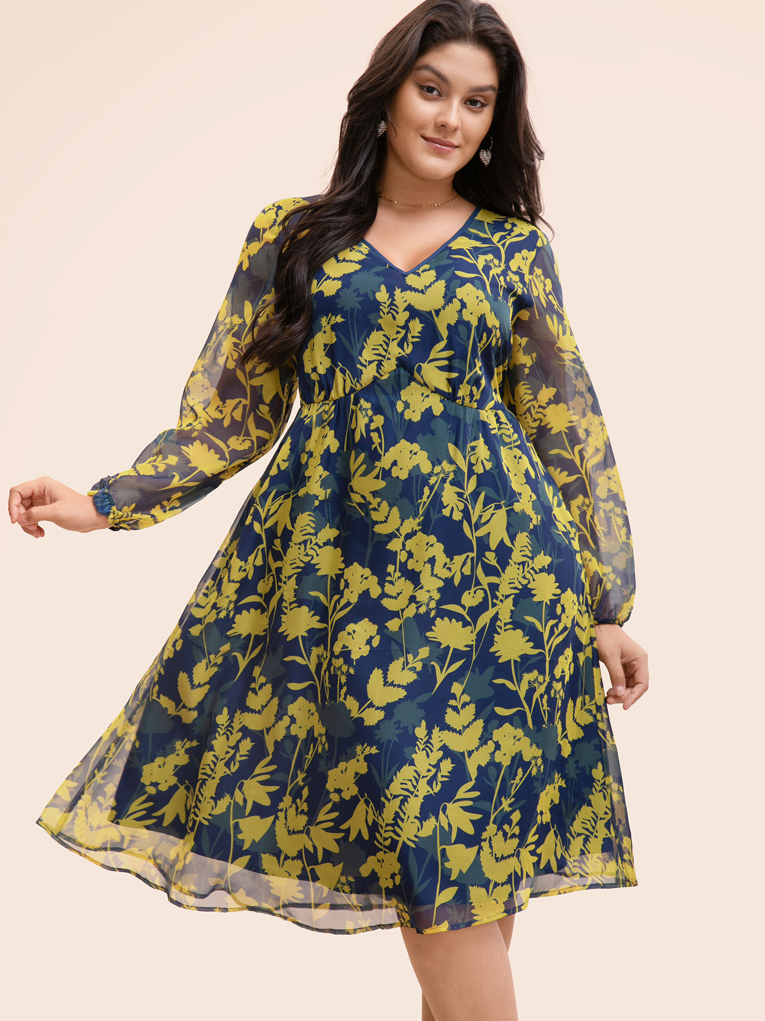 

Plus Size V Neck Silhouette Floral Print Mesh Dress Navy Women Elegant Gathered V-neck Long Sleeve Curvy BloomChic