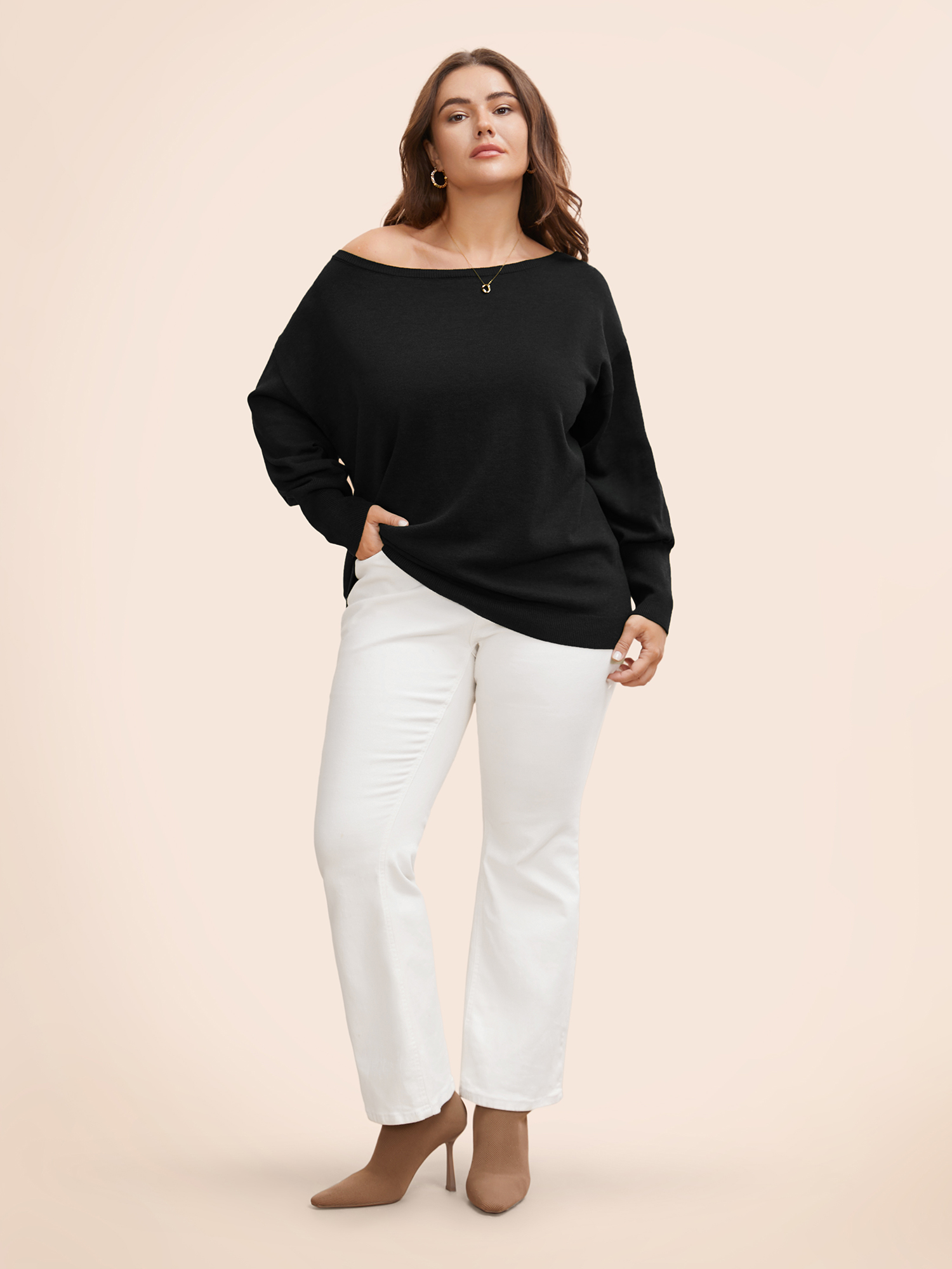 

Plus Size Supersoft Essentials Boat Neck Drop Shoulder Pullover Black Women Elegant Long Sleeve Boat Neck Everyday Pullovers BloomChic