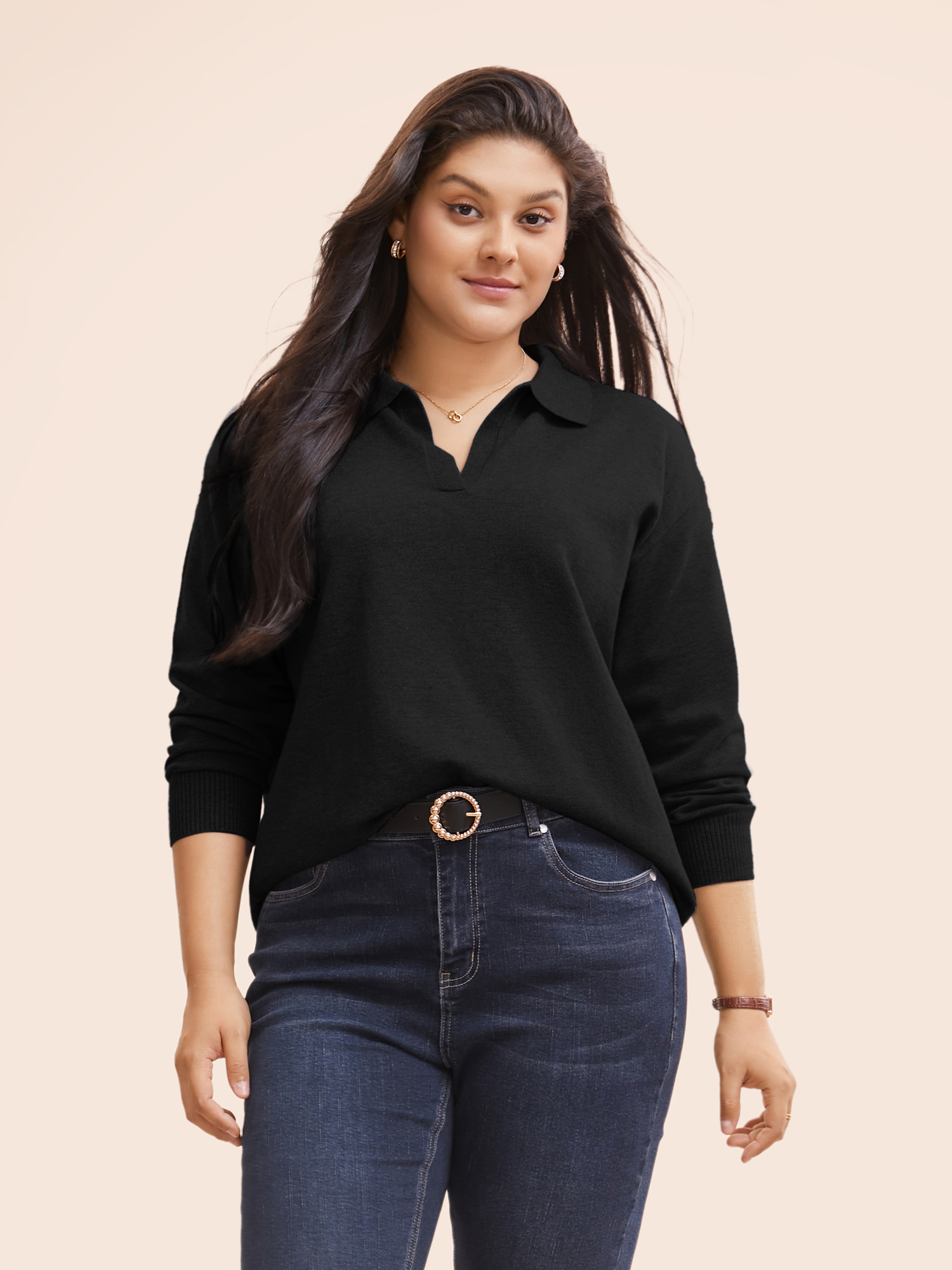 

Plus Size Polo Neck Drop Shoulder Sleeve Soft Pullover Black Women Casual Long Sleeve Polo Everyday Pullovers BloomChic