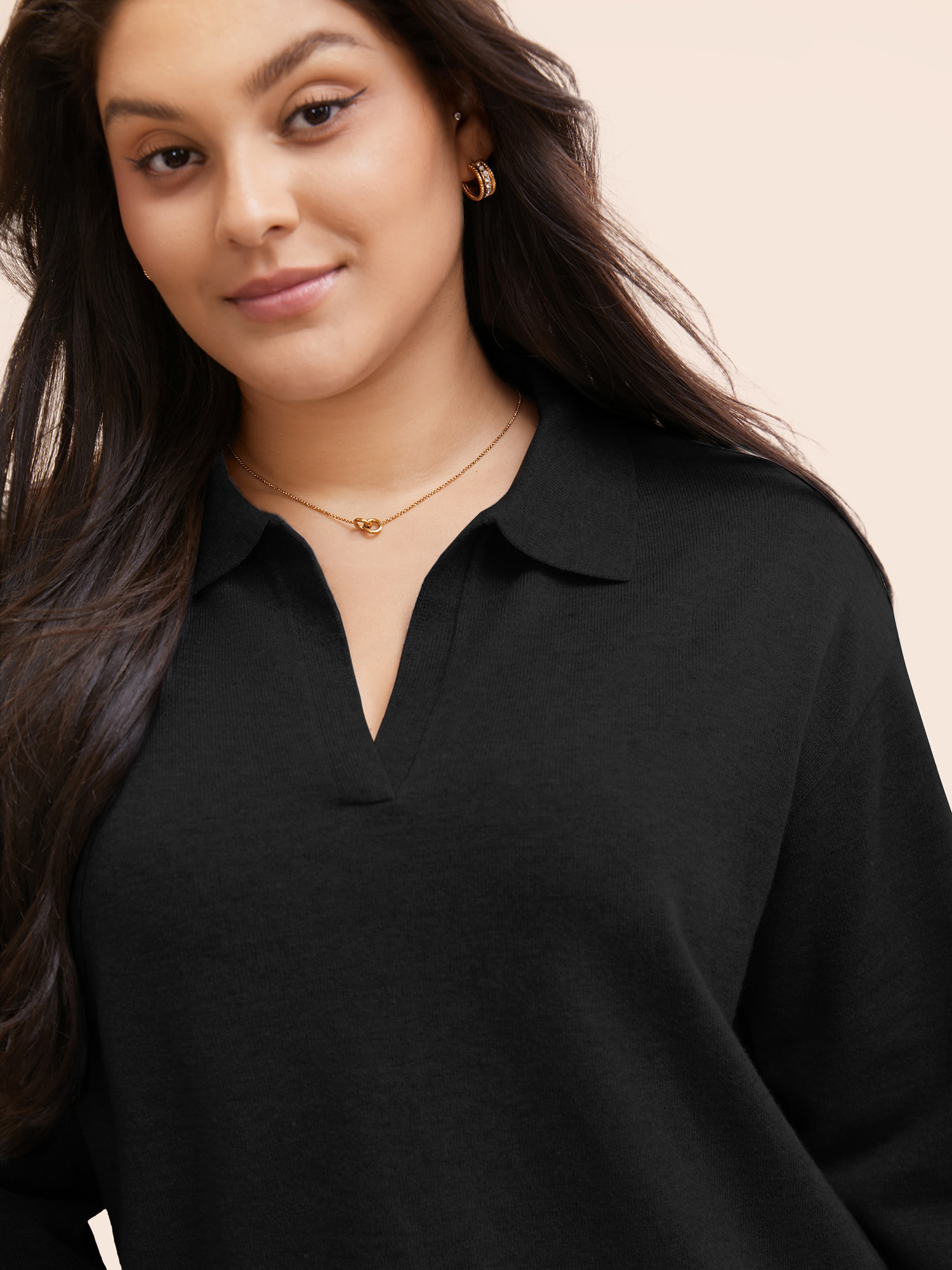 

Plus Size Polo Neck Drop Shoulder Sleeve Soft Pullover Black Women Casual Long Sleeve Polo Everyday Pullovers BloomChic