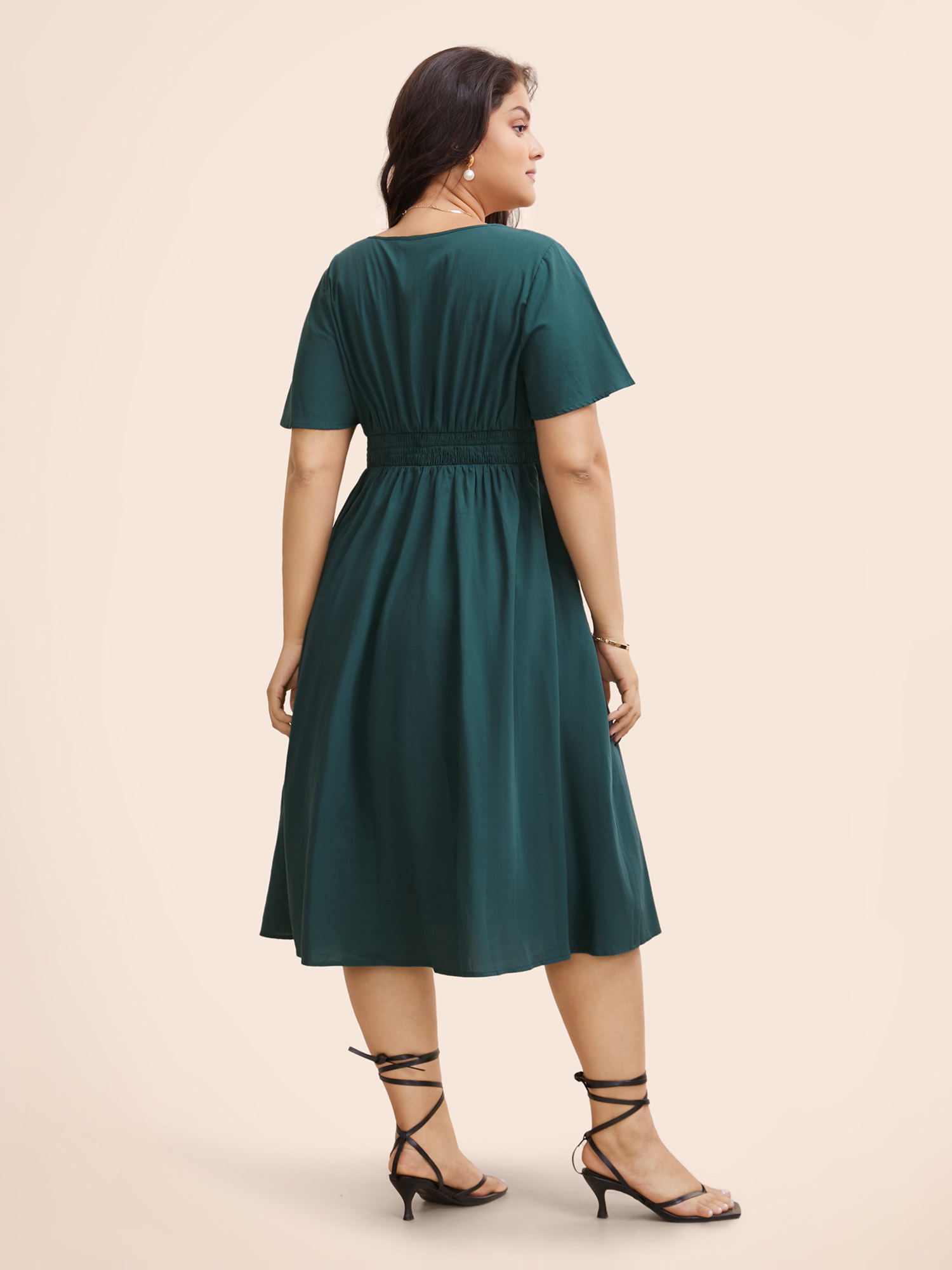 

Plus Size Square Neck Ruffle Sleeve Shirred Dress ArmyGreen Women Elegant Shirred Square Neck Short sleeve Curvy BloomChic