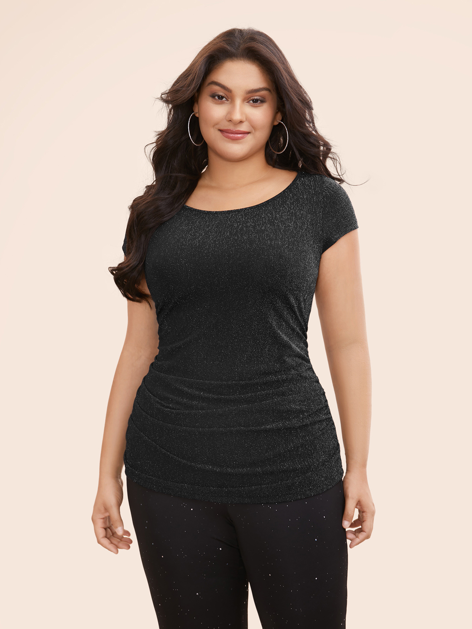 

Plus Size Glitter Textured Boat Neck Cap Sleeve T-shirt Black Women Elegant Gathered Boat Neck Skinny Everyday T-shirts BloomChic