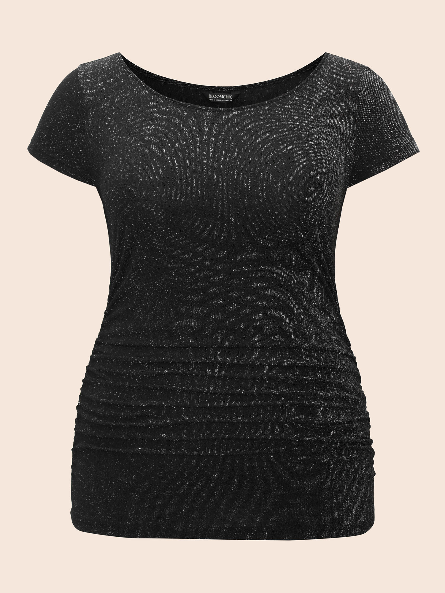 

Plus Size Glitter Textured Boat Neck Cap Sleeve T-shirt Black Women Elegant Gathered Boat Neck Skinny Everyday T-shirts BloomChic