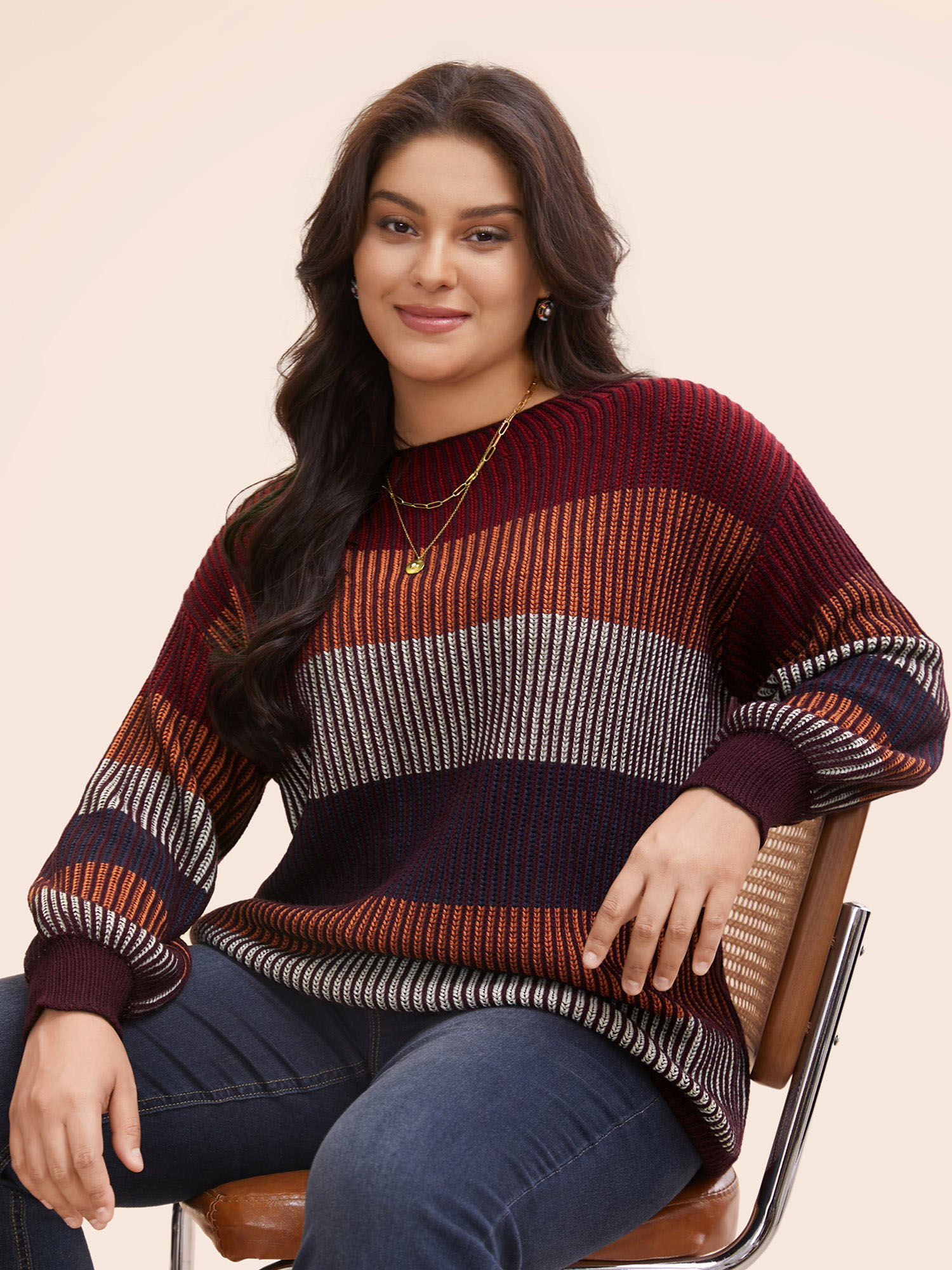 

Plus Size Textured Striped Contrast Patchwork Pullover Deepred Women Casual Long Sleeve Round Neck Everyday Pullovers BloomChic