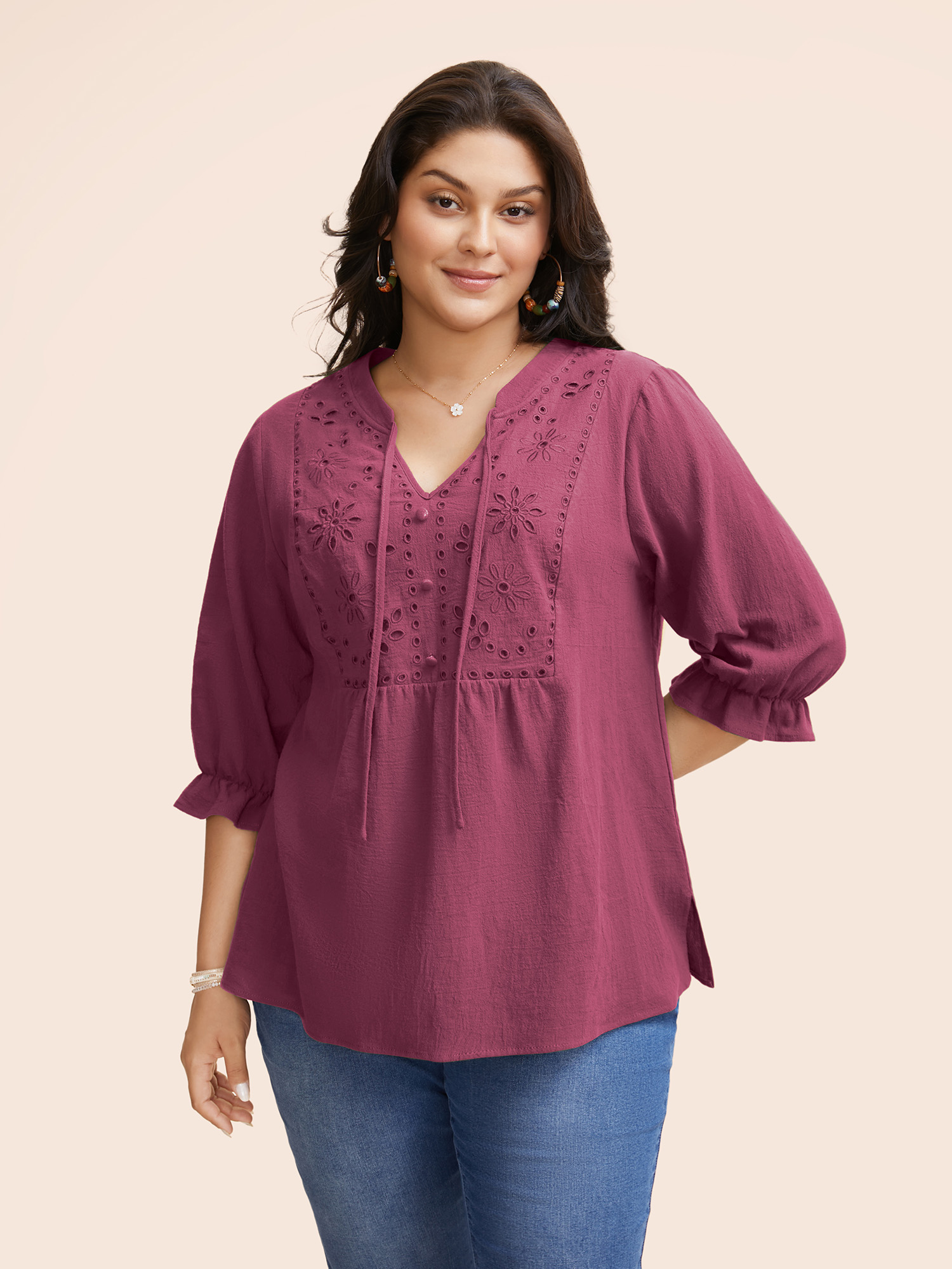 

Plus Size RedViolet Broderie Anglaise Tie Knot Lantern Sleeve Blouse Women Resort Elbow-length sleeve Notched collar Vacation Blouses BloomChic