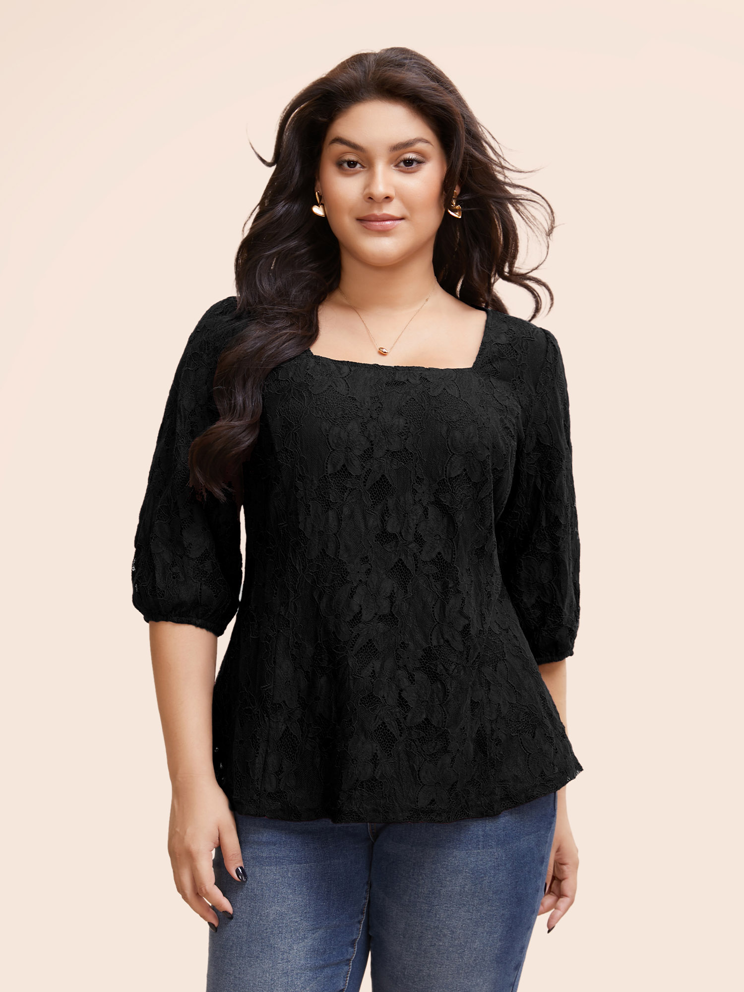 

Plus Size Black Square Neck Lace Panel Lantern Sleeve Blouse Women Elegant Elbow-length sleeve Square Neck Everyday Blouses BloomChic