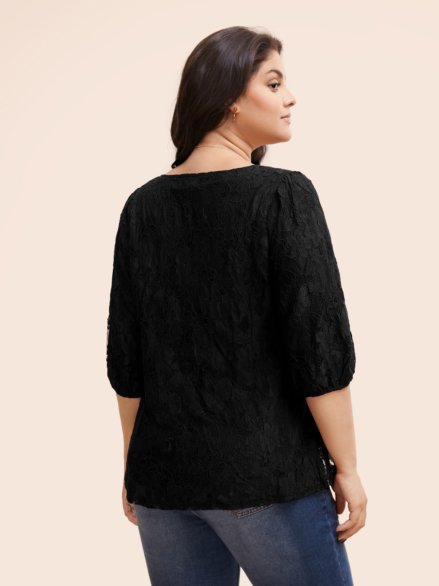 

Plus Size Black Square Neck Lace Panel Lantern Sleeve Blouse Women Elegant Elbow-length sleeve Square Neck Everyday Blouses BloomChic