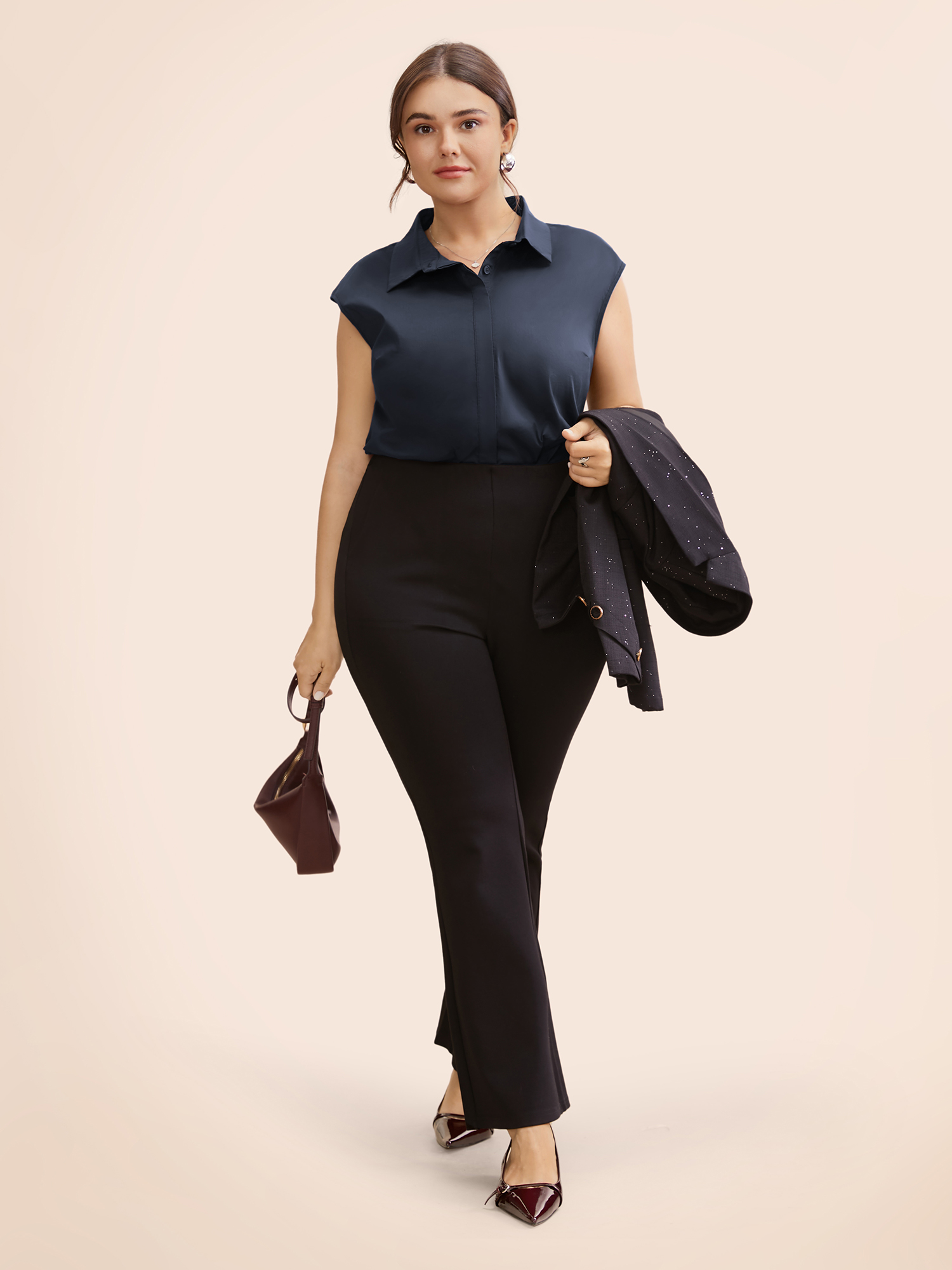 

Plus Size Stretch Woven Princess Seams Offsleeves Blouse Indigo Cap Sleeve Shirt collar At the Office Shirts