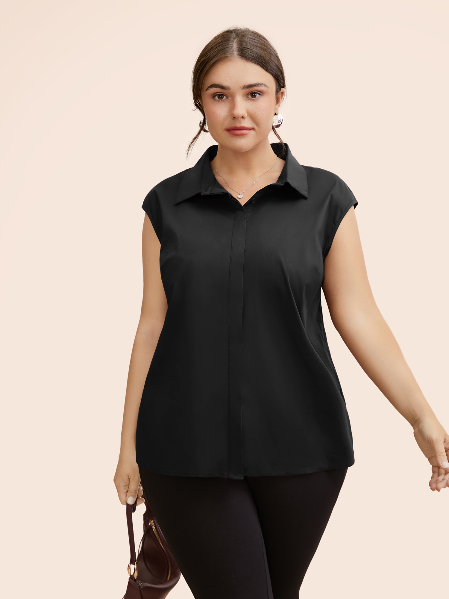 

Plus Size Stretch Woven Princess Seams Offsleeves Blouse Black Cap Sleeve Shirt collar At the Office Shirts