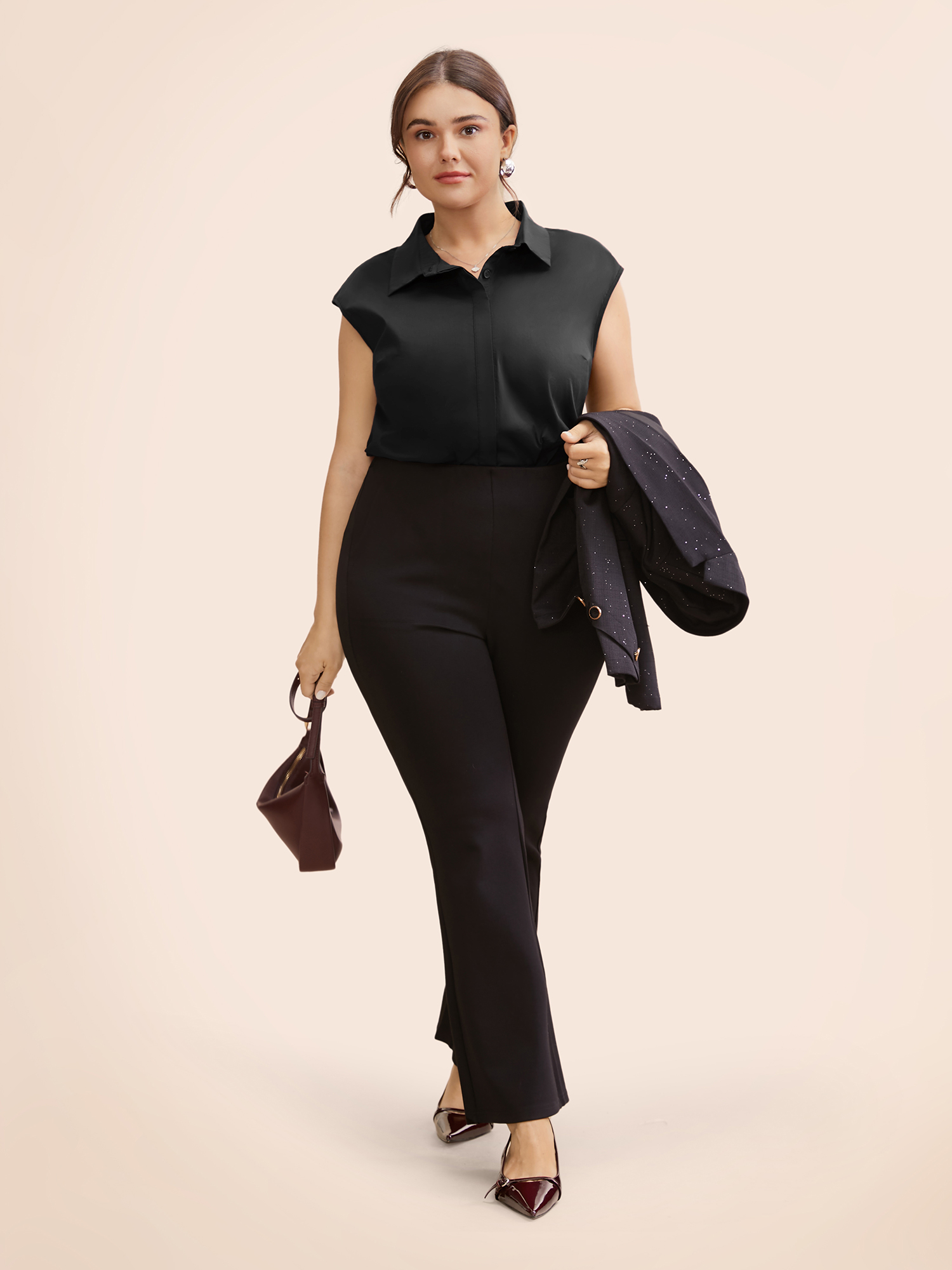 

Plus Size Stretch Woven Princess Seams Offsleeves Blouse Black Cap Sleeve Shirt collar At the Office Shirts