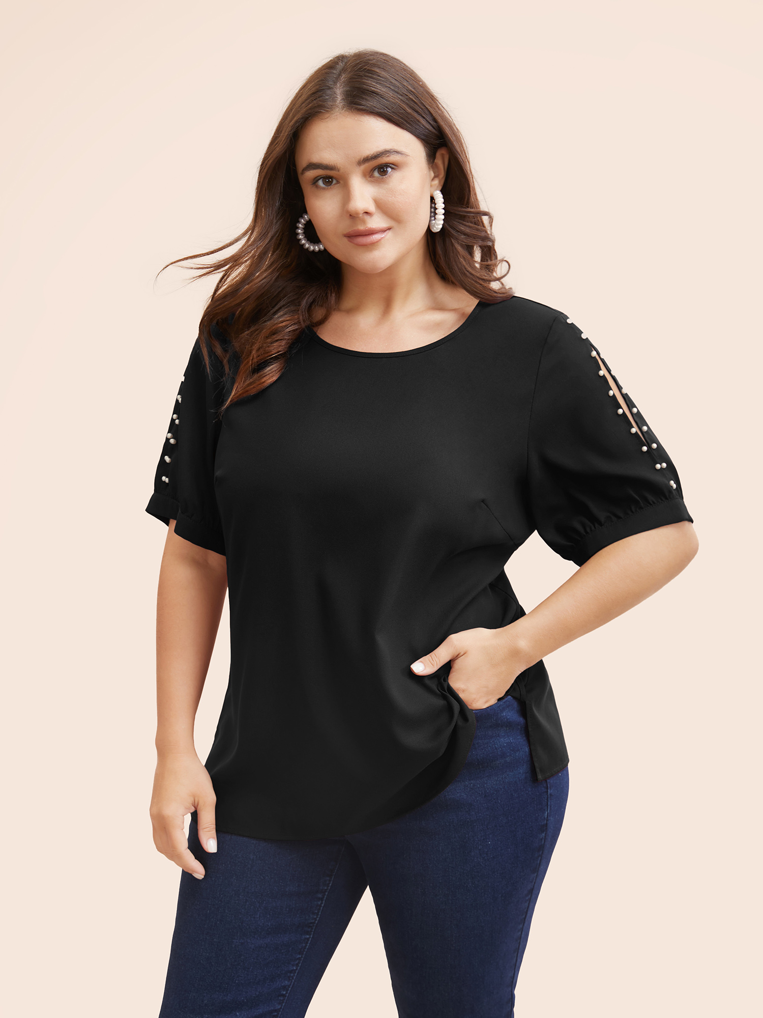 

Plus Size Black Round Neck Pearl Beaded Cut Out Blouse Women Elegant Short sleeve Round Neck Everyday Blouses BloomChic