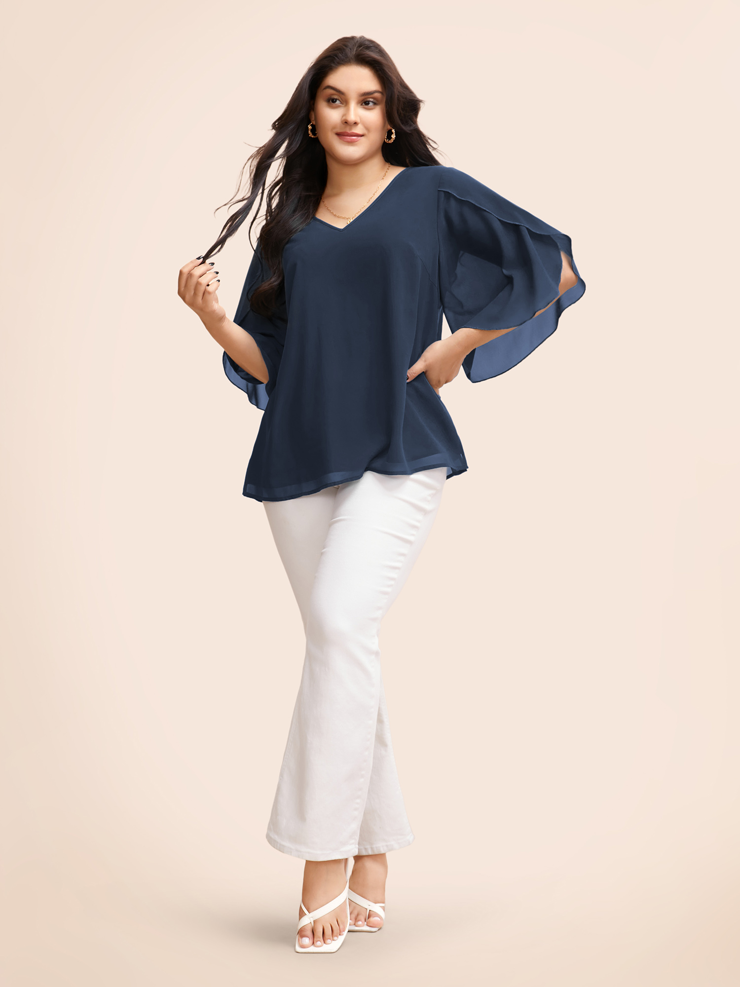 

Plus Size Indigo Chiffon Gathered Petal Sleeve Blouse Women Elegant Elbow-length sleeve V-neck Everyday Blouses BloomChic