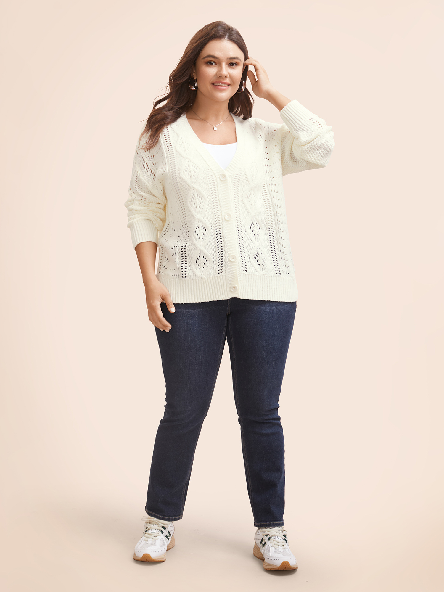 Plus Size Solid Hollow Out Button Up Cardigan Apricot Women Casual Loose Long Sleeve Everyday Cardigans BloomChic 10/M 