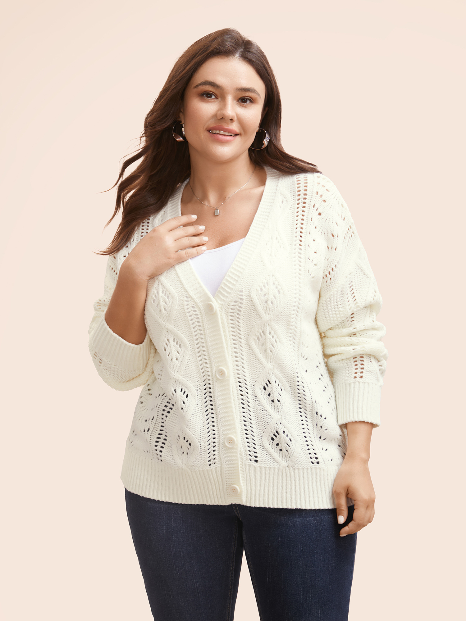 Plus Size Solid Hollow Out Button Up Cardigan Apricot Women Casual Loose Long Sleeve Everyday Cardigans BloomChic 10/M 