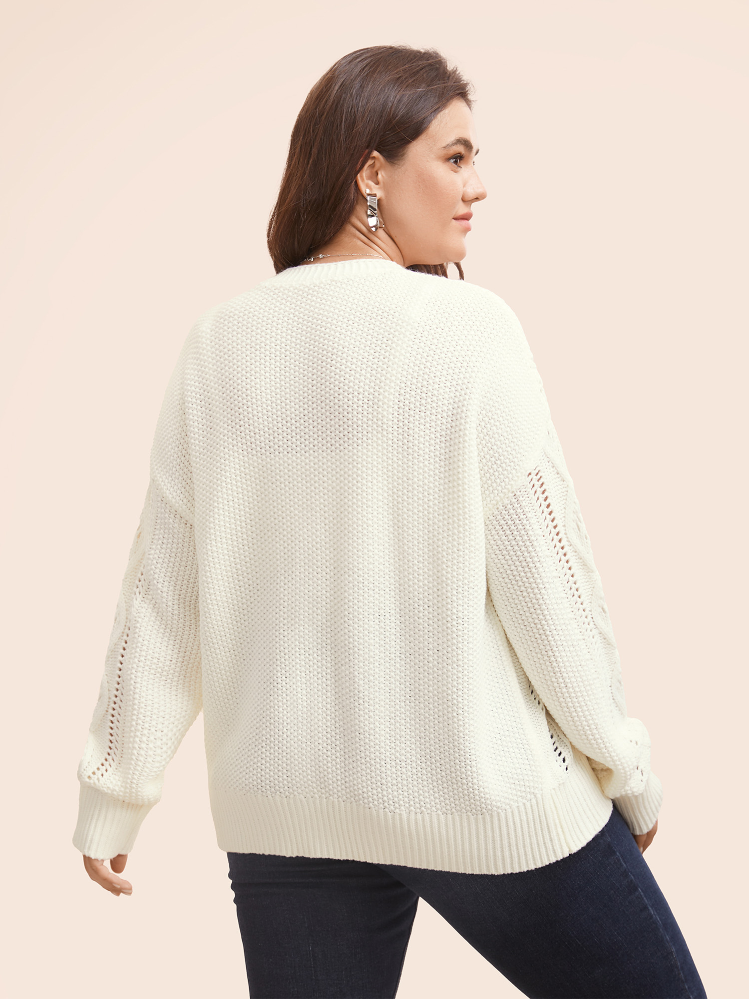 Plus Size Solid Hollow Out Button Up Cardigan Apricot Women Casual Loose Long Sleeve Everyday Cardigans BloomChic 10/M 