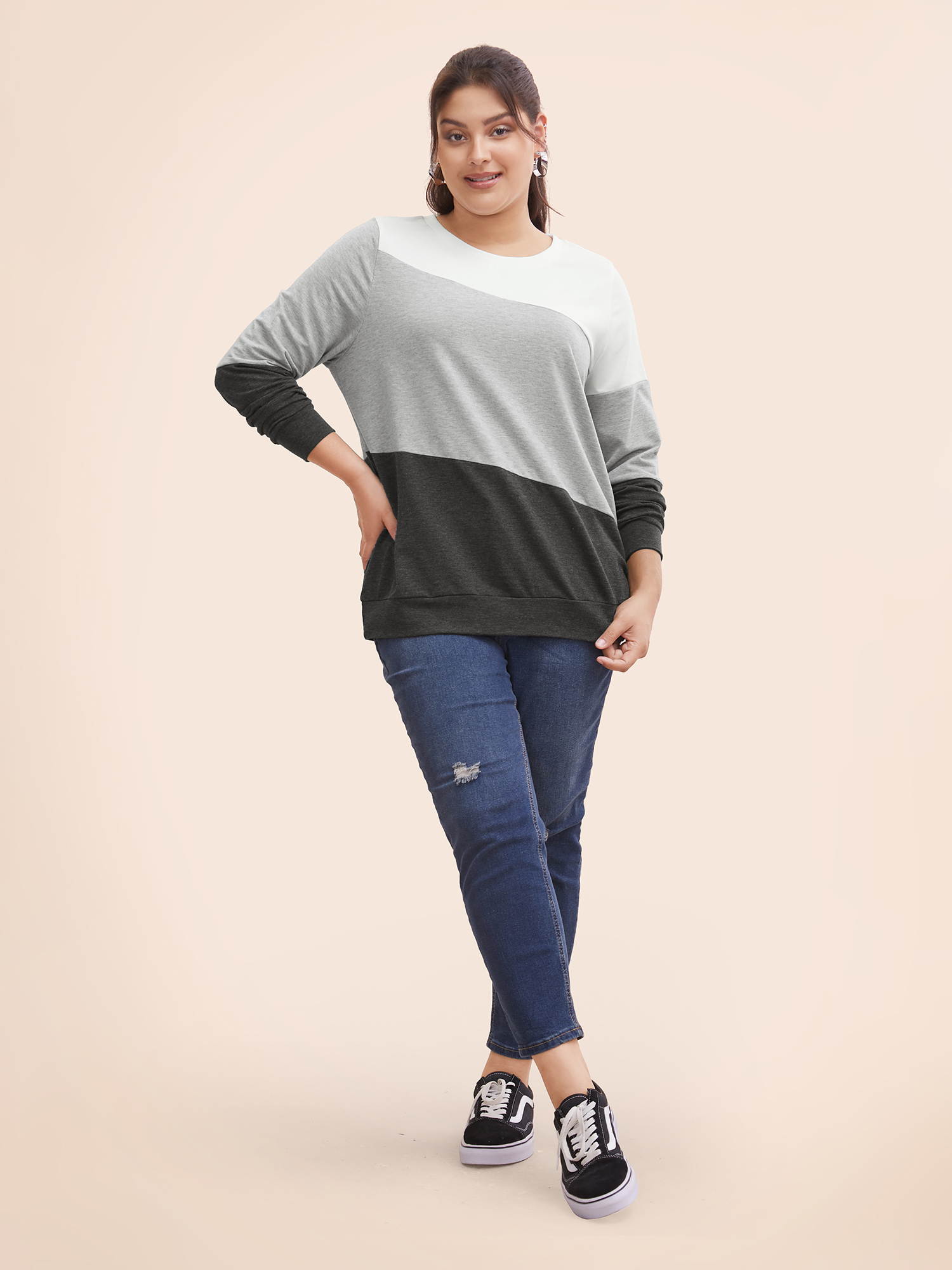 Plus Size Crew Neck Colorblock Contrast Sweatshirt Women DimGray Casual Contrast Round Neck Everyday Sweatshirts BloomChic 14-16/1X 