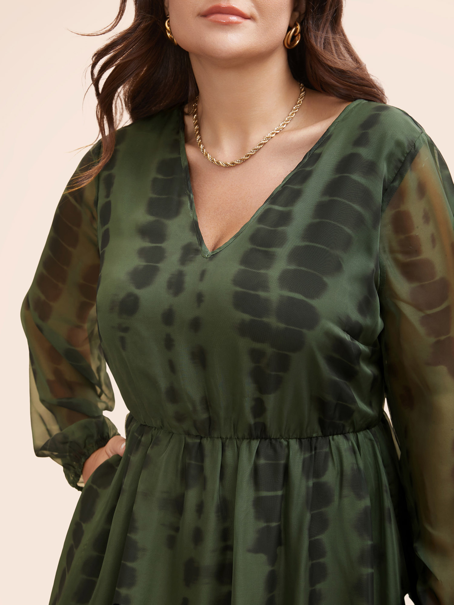 

Plus Size Geometric Mesh Lantern Sleeve Midi Dress ArmyGreen Women At the Office See through V-neck Long Sleeve Curvy BloomChic