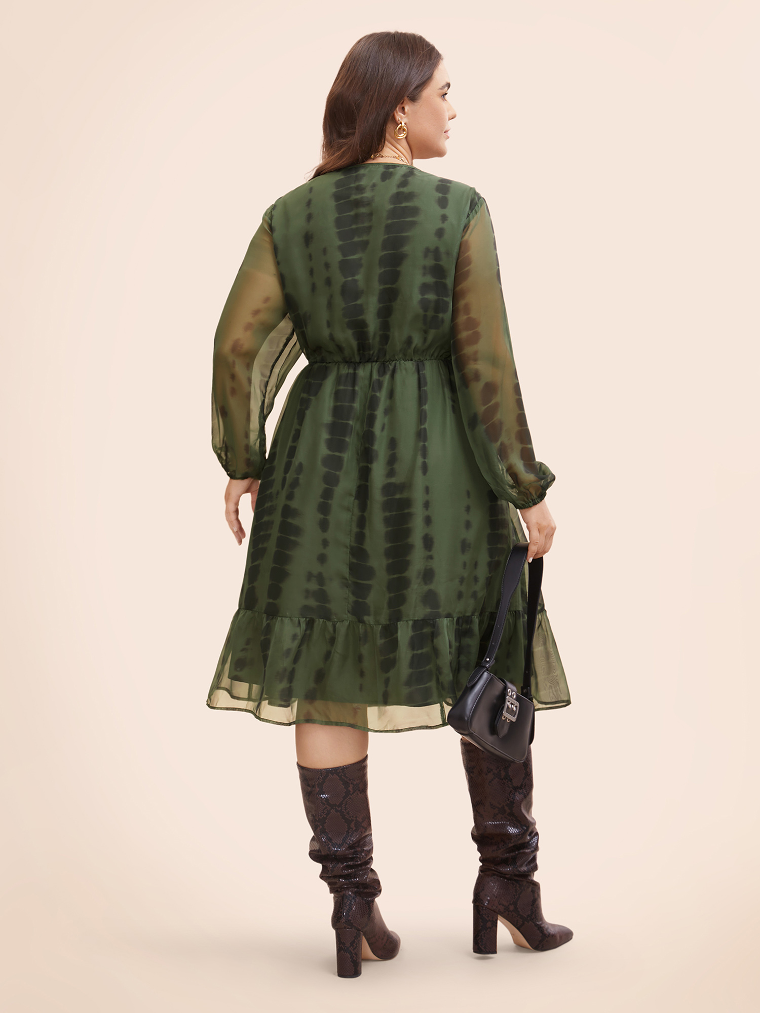 Plus Size Geometric Mesh Lantern Sleeve Midi Dress ArmyGreen Women At the Office See through V-neck Long Sleeve Curvy BloomChic 14-16/1X 