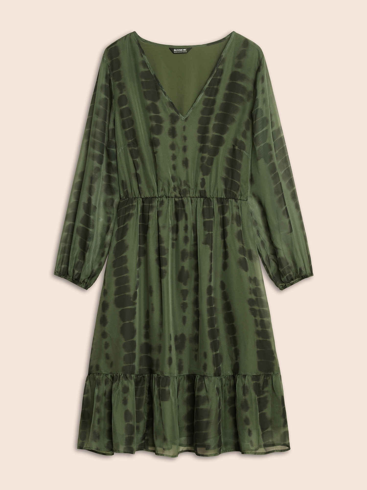Plus Size Geometric Mesh Lantern Sleeve Midi Dress ArmyGreen Women At the Office See through V-neck Long Sleeve Curvy BloomChic 14-16/1X 